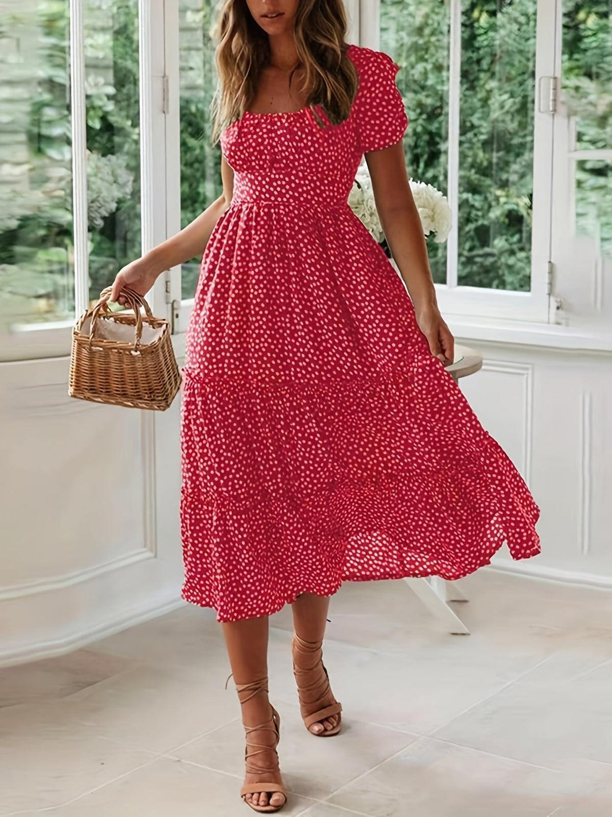 Polka Dot Ruffle Hem Dress, Casual Square Neck Short Sleeve Dress