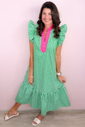 Bright Green Summer Color-Blocked Plaid Pattern Midi Dress