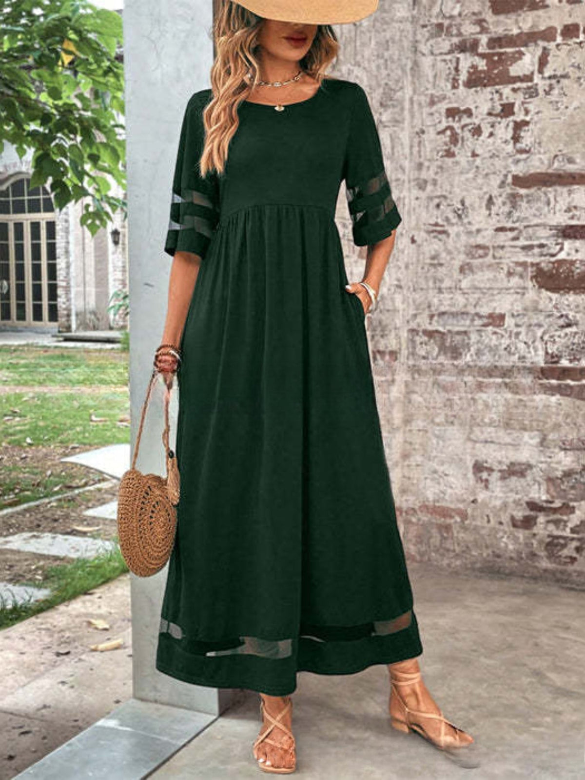 Elegant Crew Neck Solid Color Slimming Mesh Panel Maxi Dress