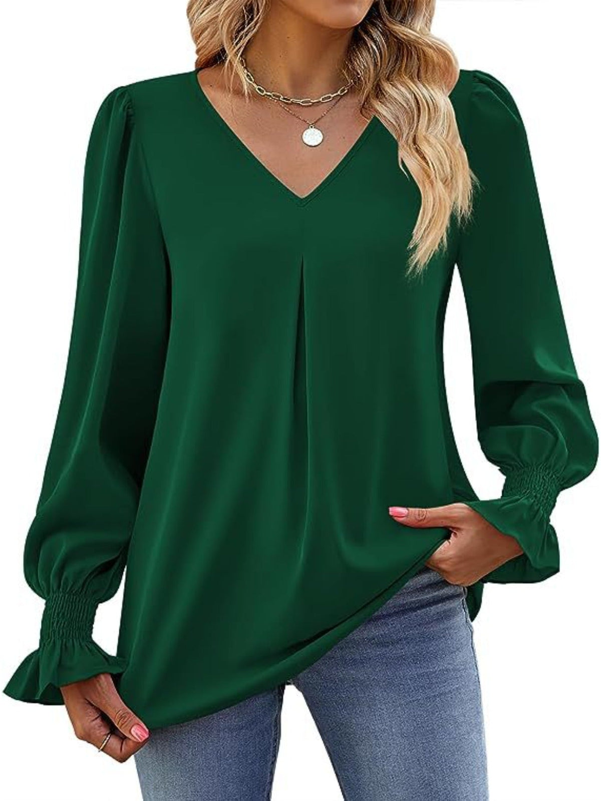 Solid V Neck Simple Blouse, Elegant Long Sleeve Ruched Blouse