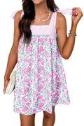 Pink Floral Print Striped Patchwork Bow Knot Straps Mini Dress