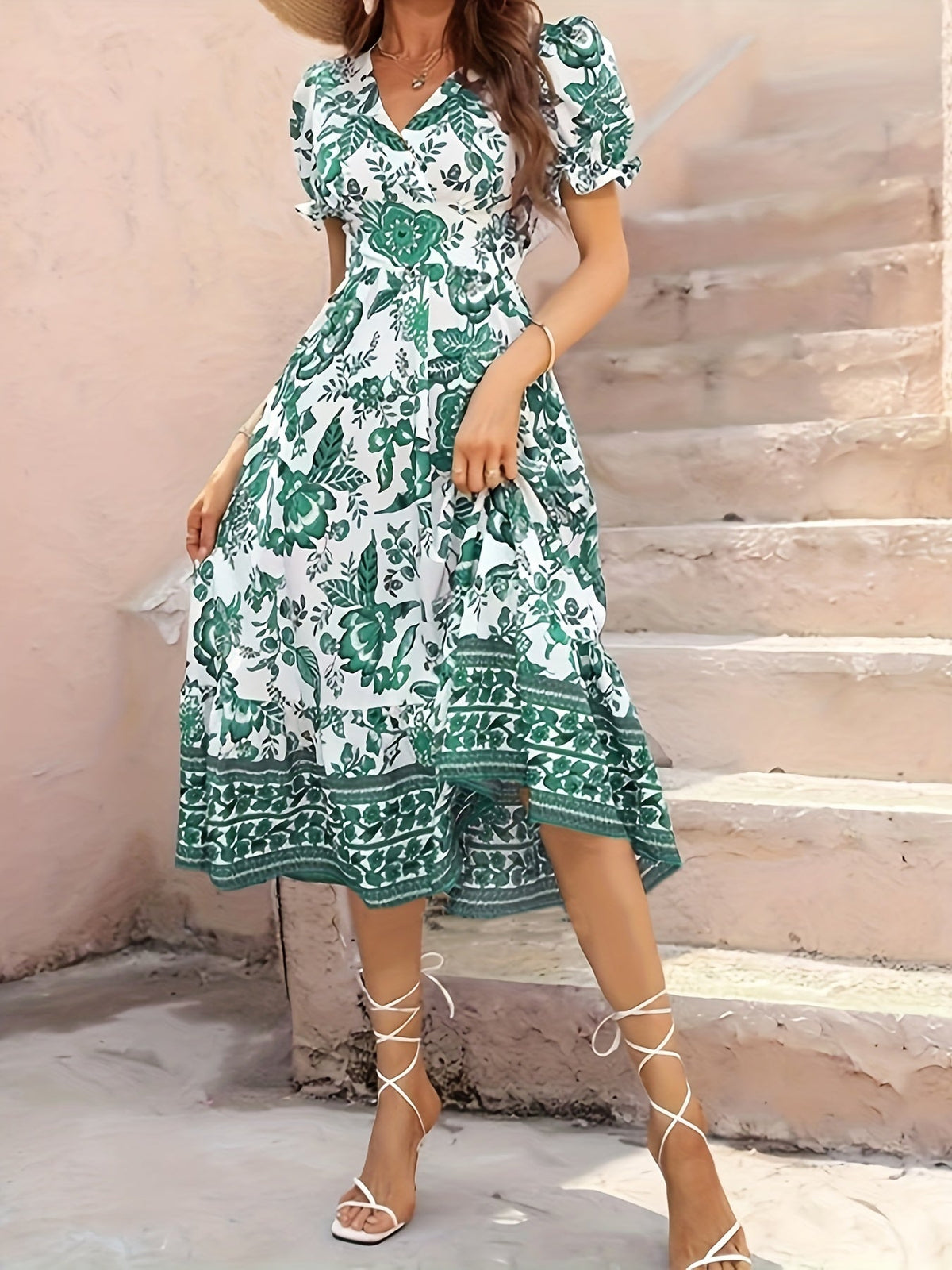 Floral Print V Neck Dress, Elegant Short Sleeve Dress