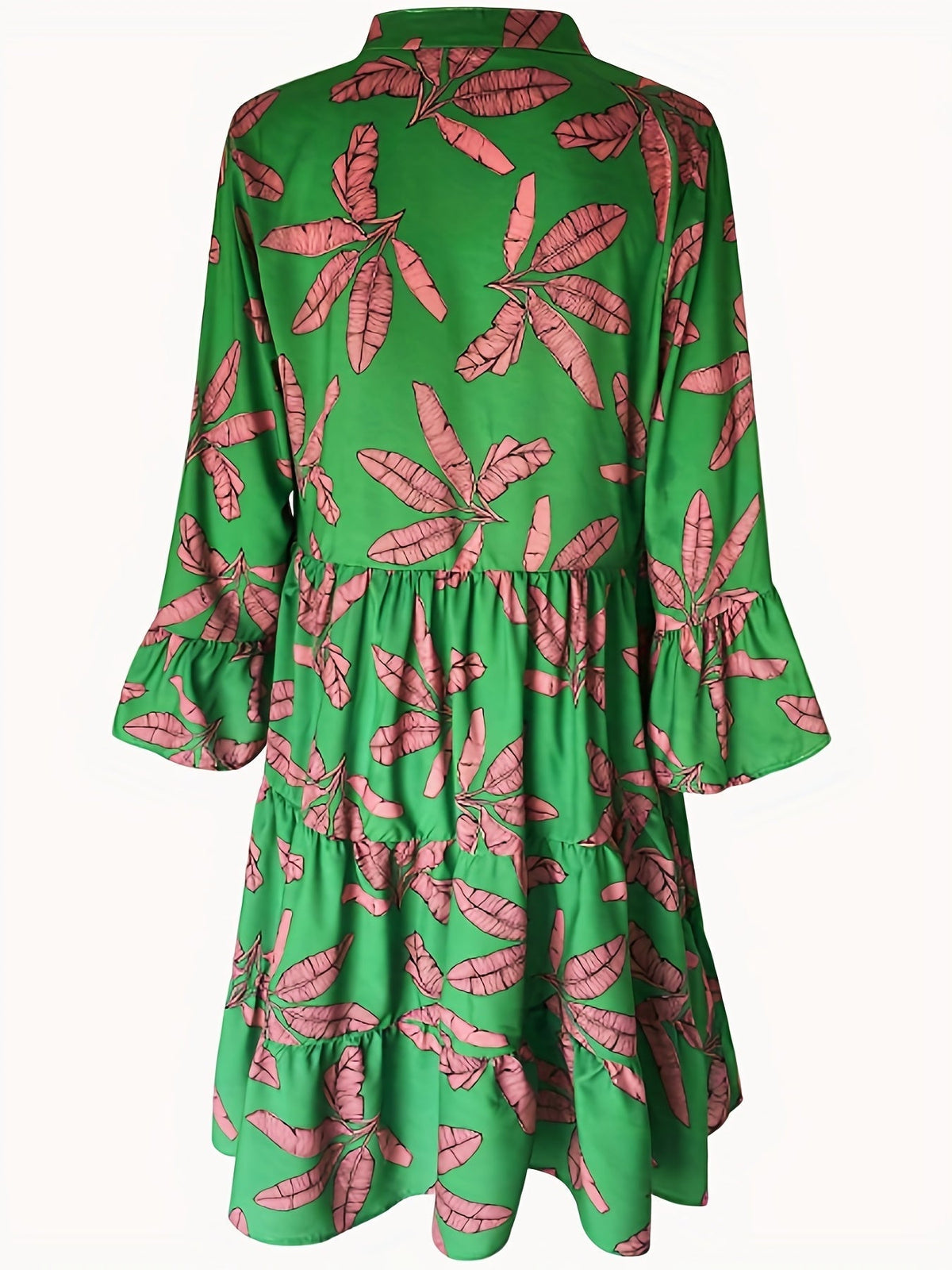 Leaves Print Tiered Long Sleeve Dress