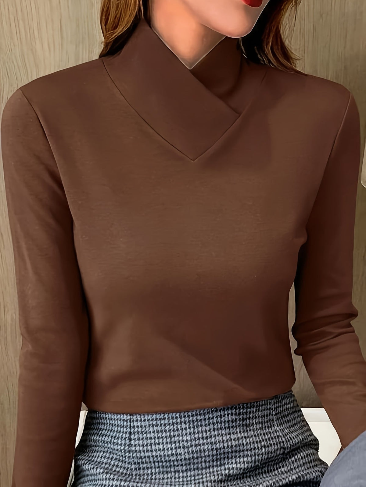Solid Mock Neck T-Shirt, Casual Long Sleeve Top