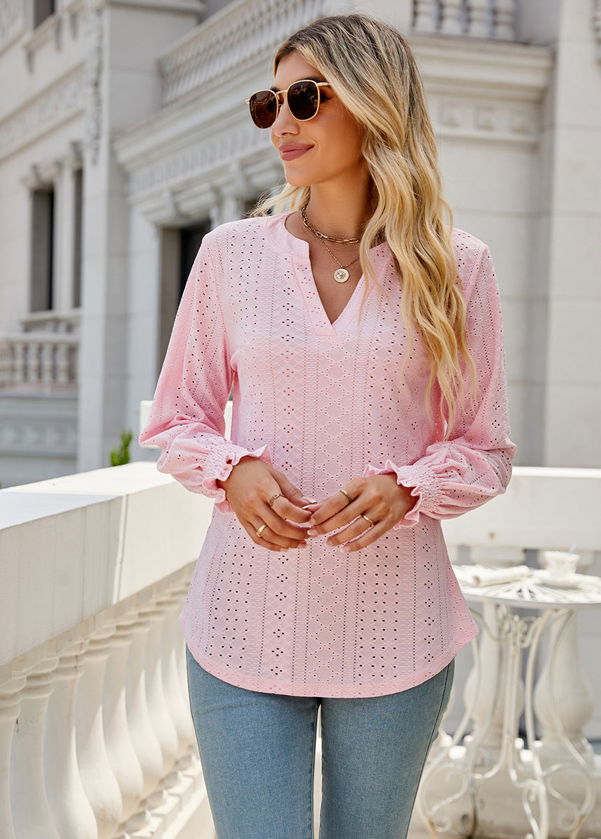 Solid Color Hollow Pleated Ruffle Sleeve V-Neck Loose Long Sleeve Top