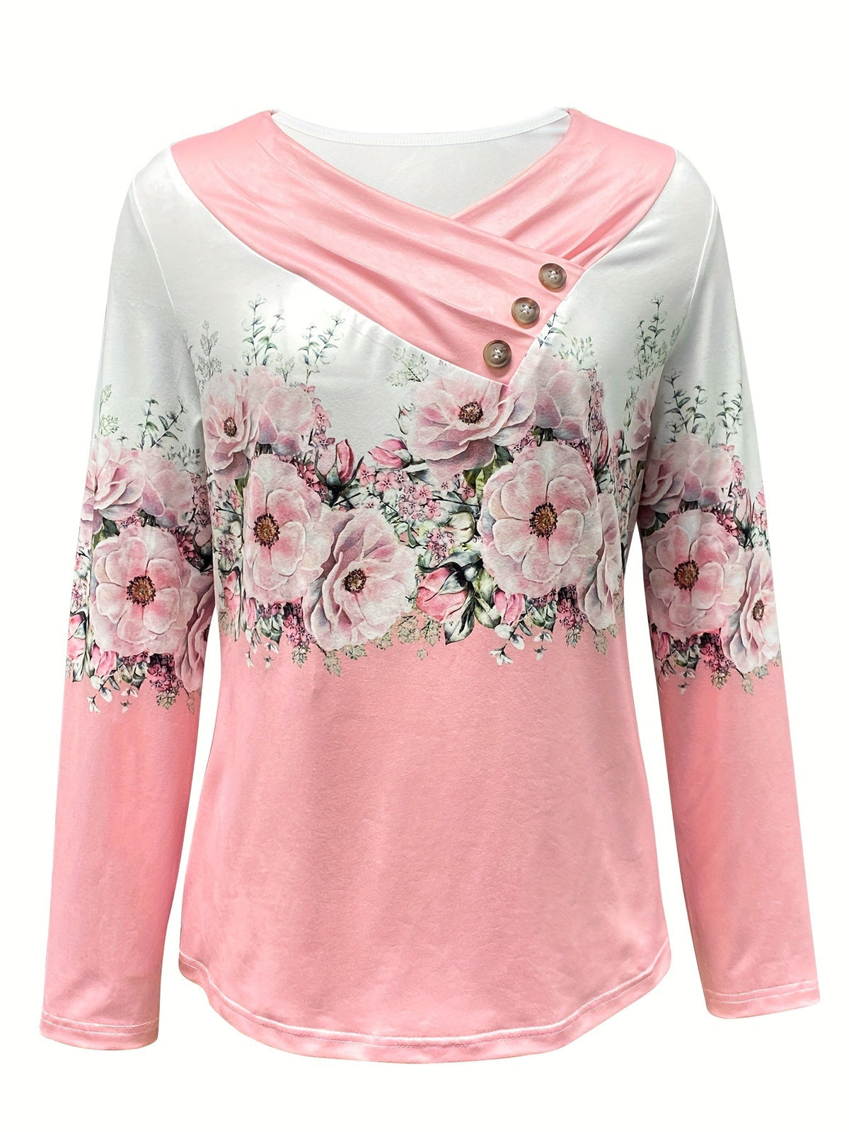 Floral Print Surplice Neck Button T-Shirt, Casual Long Sleeve T-Shirt