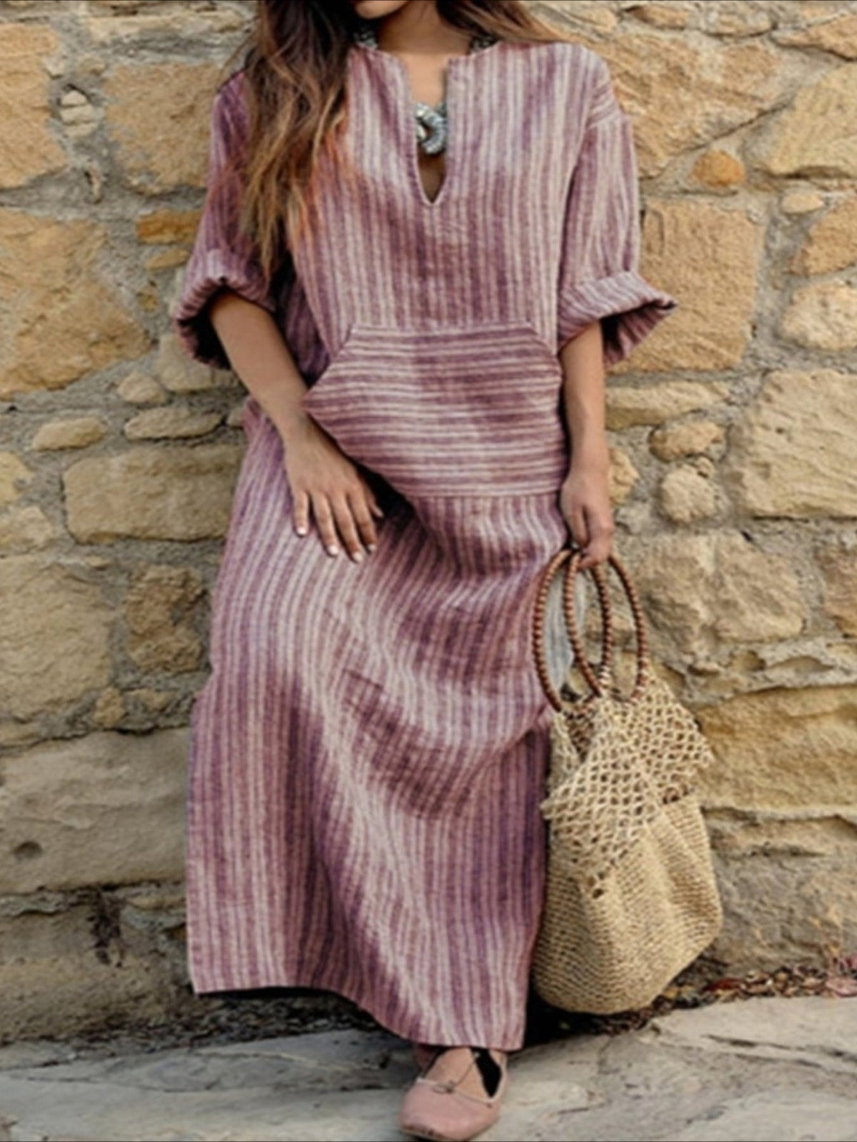 Striped Print Long Sleeve Dress - Relaxed Casual Style with Notch Neck
