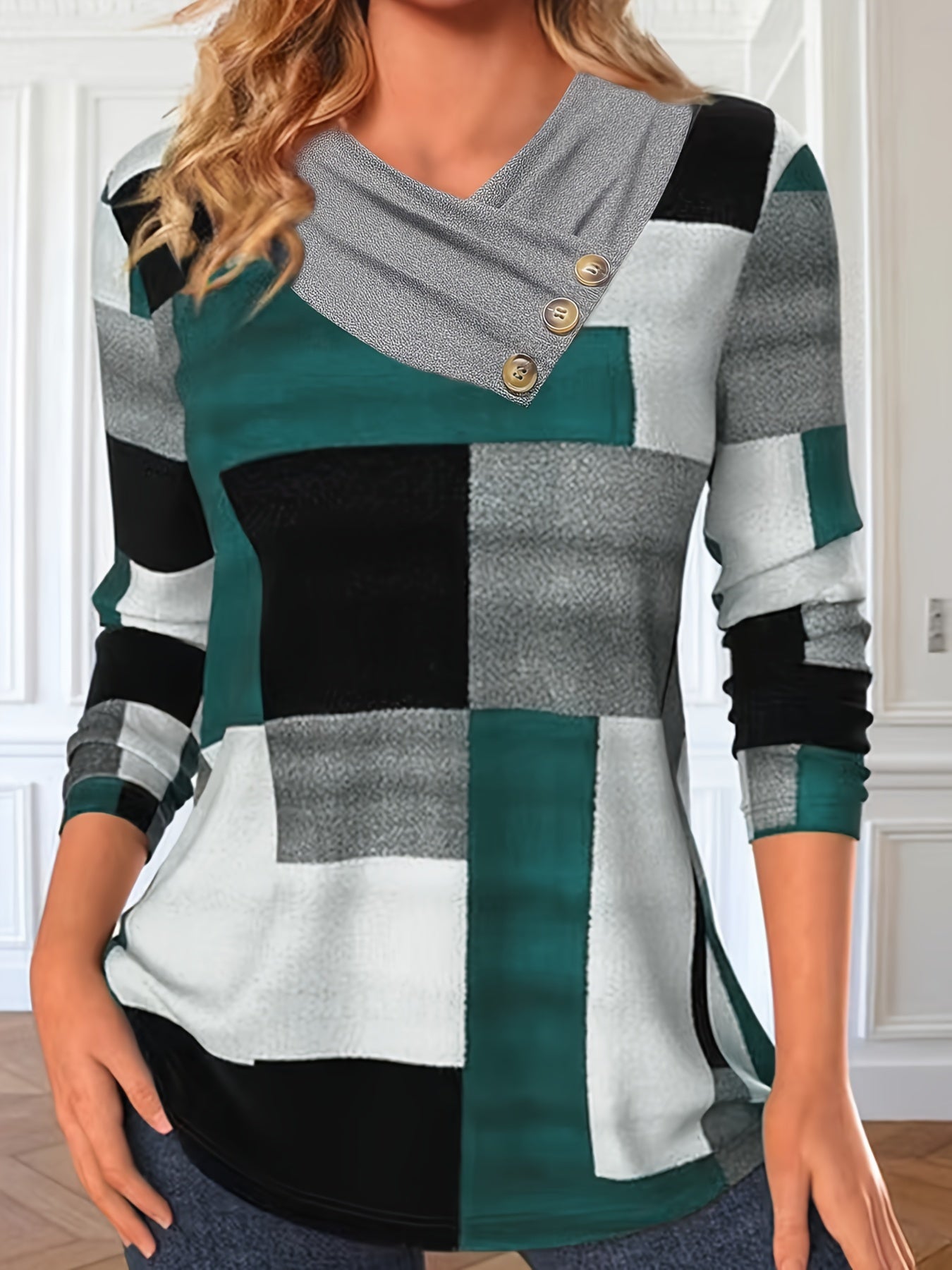 Colorblock Print Ruched T-Shirt, Casual Long Sleeve Top