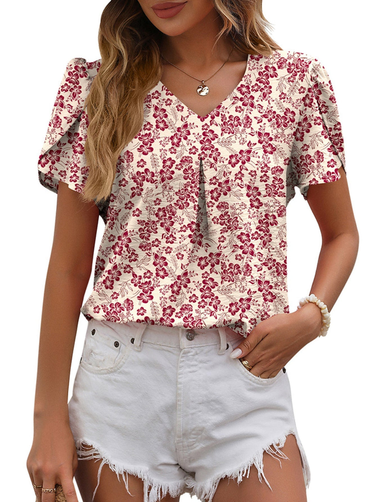Simple Solid Top, Casual V Neck Short Sleeve Top