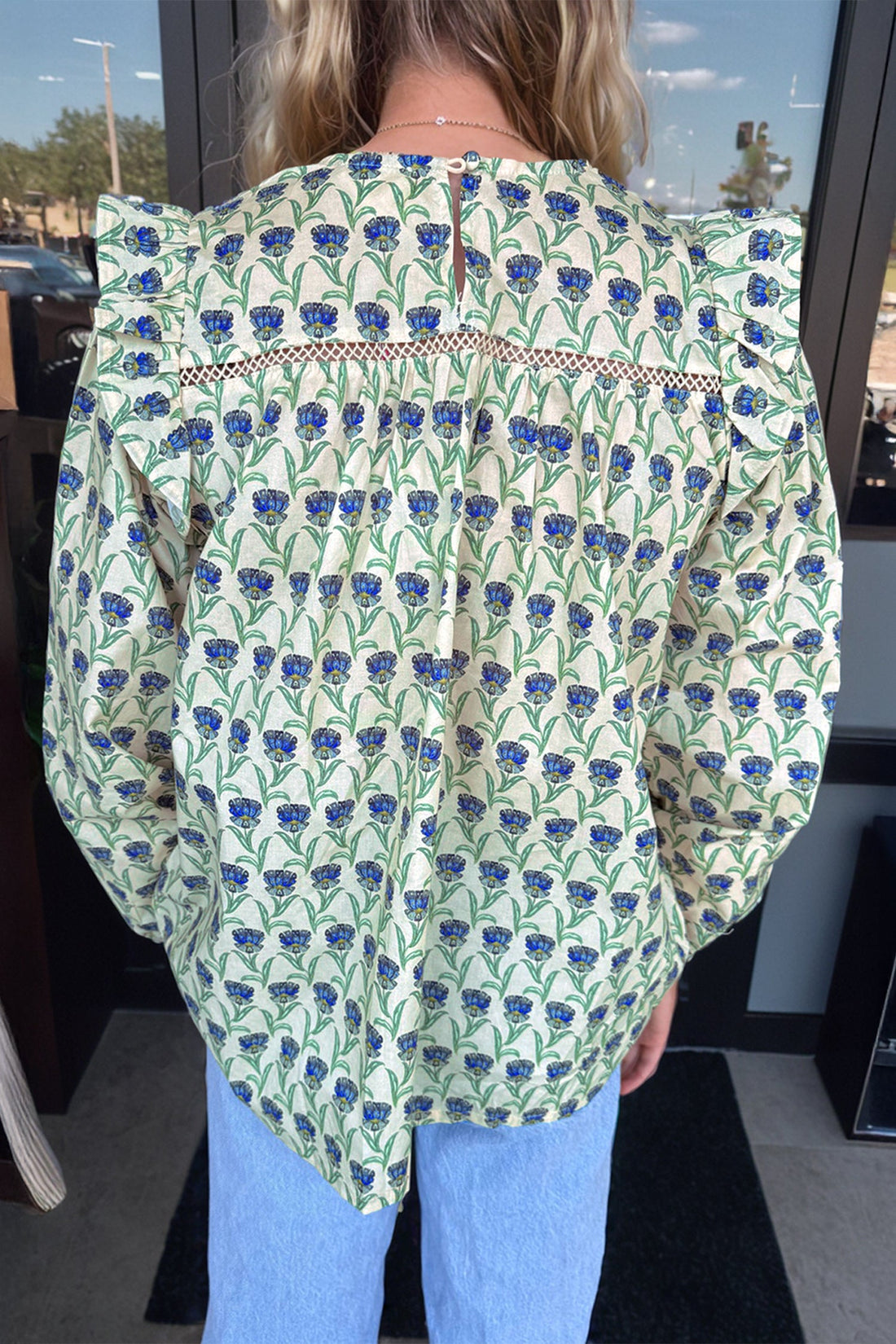 Green Floral Print Lace Detail Ruffle Trim Long Sleeve Blouse