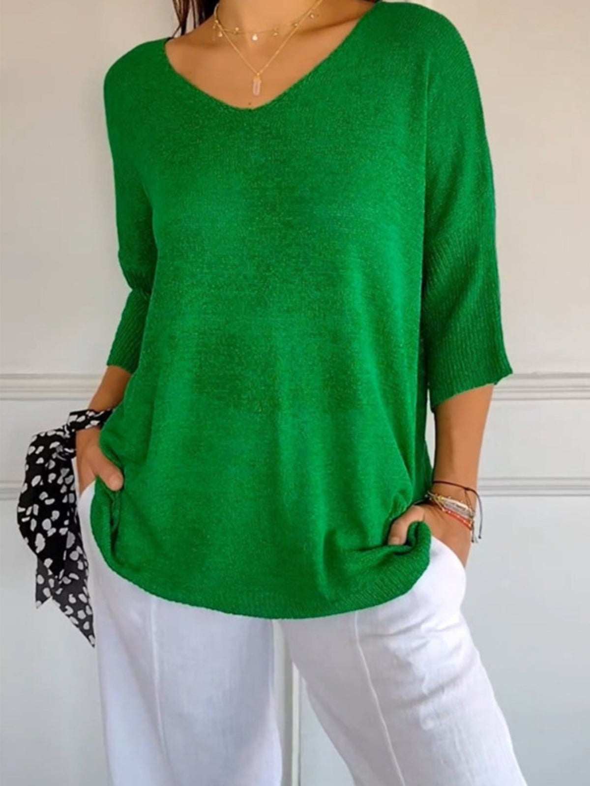 Cozy V Neck Pullover Three-Quarter Sleeve Knitted Sweater