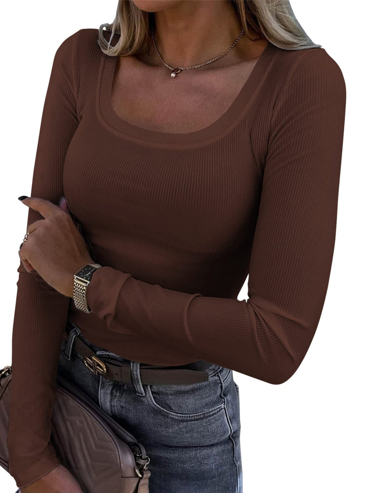 Casual Long Sleeve Square Neck T-shirt