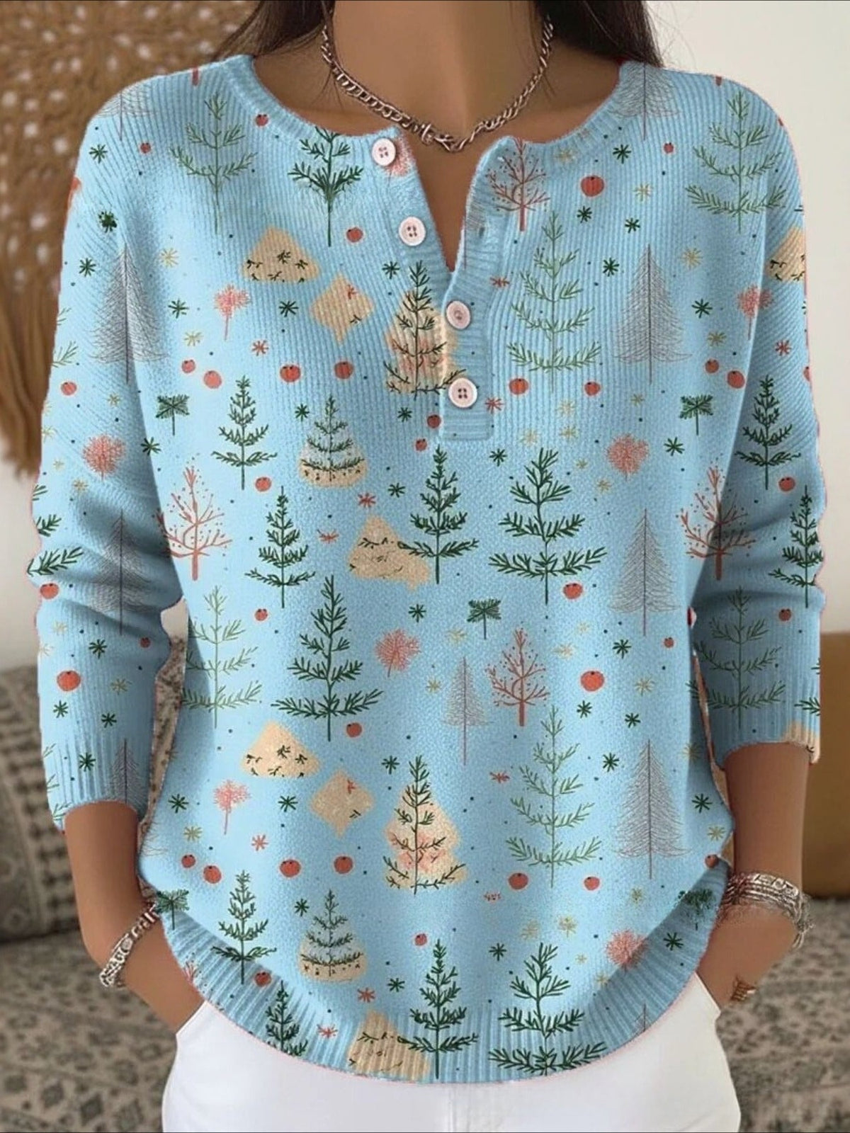 Christmas Green Tree Art Print Buttoned Sweater Tee