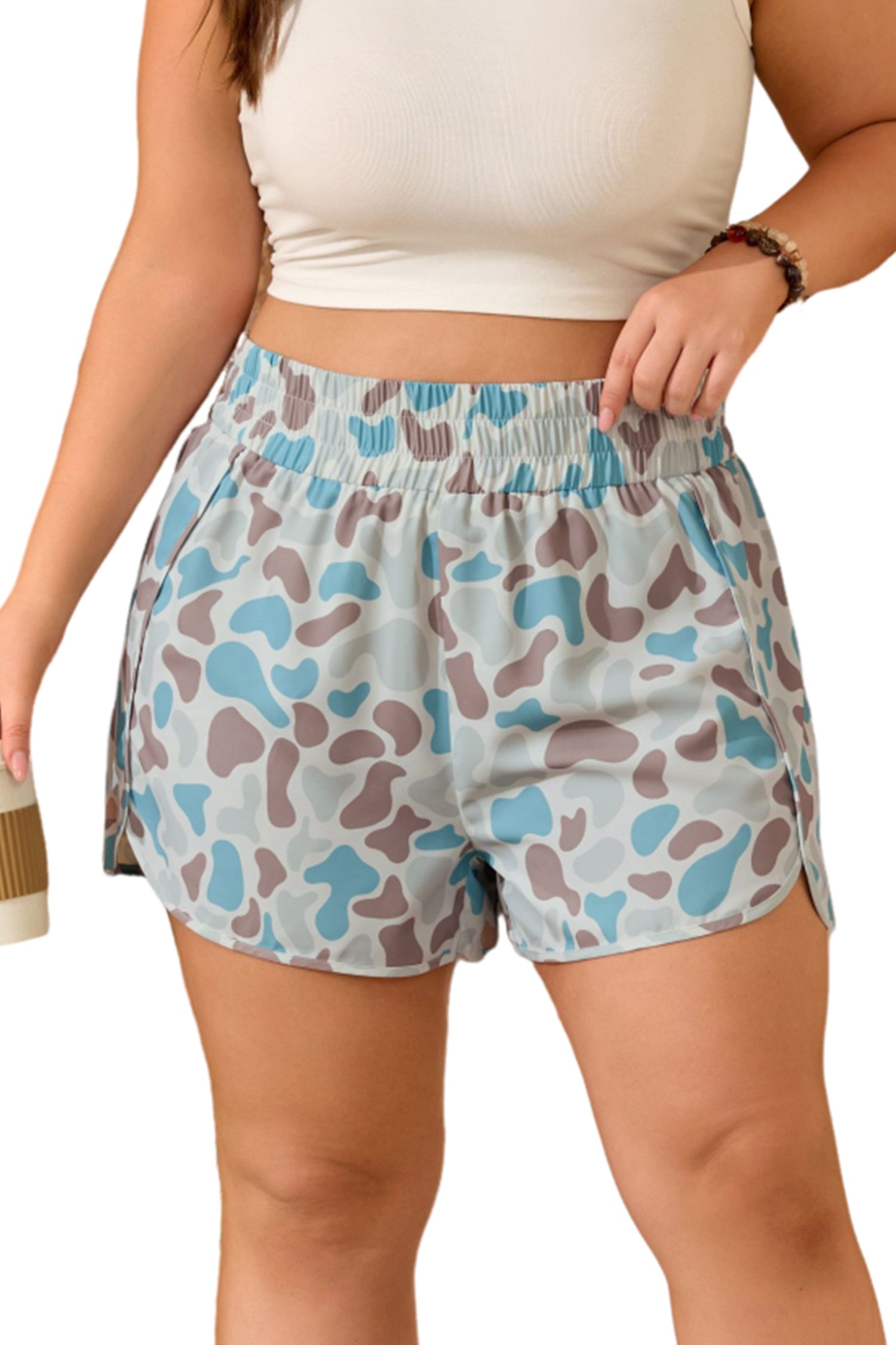 Multicolour Plus Size Camouflage Elastic Waist Athleisure Shorts