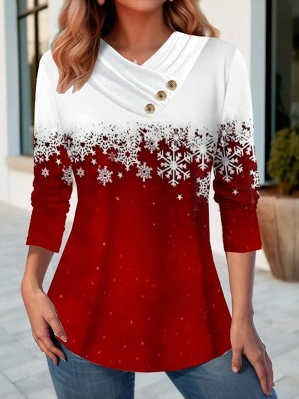 Christmas Grid Print Button Decor T-shirt, Casual Long Sleeve Plaid Print T-shirt