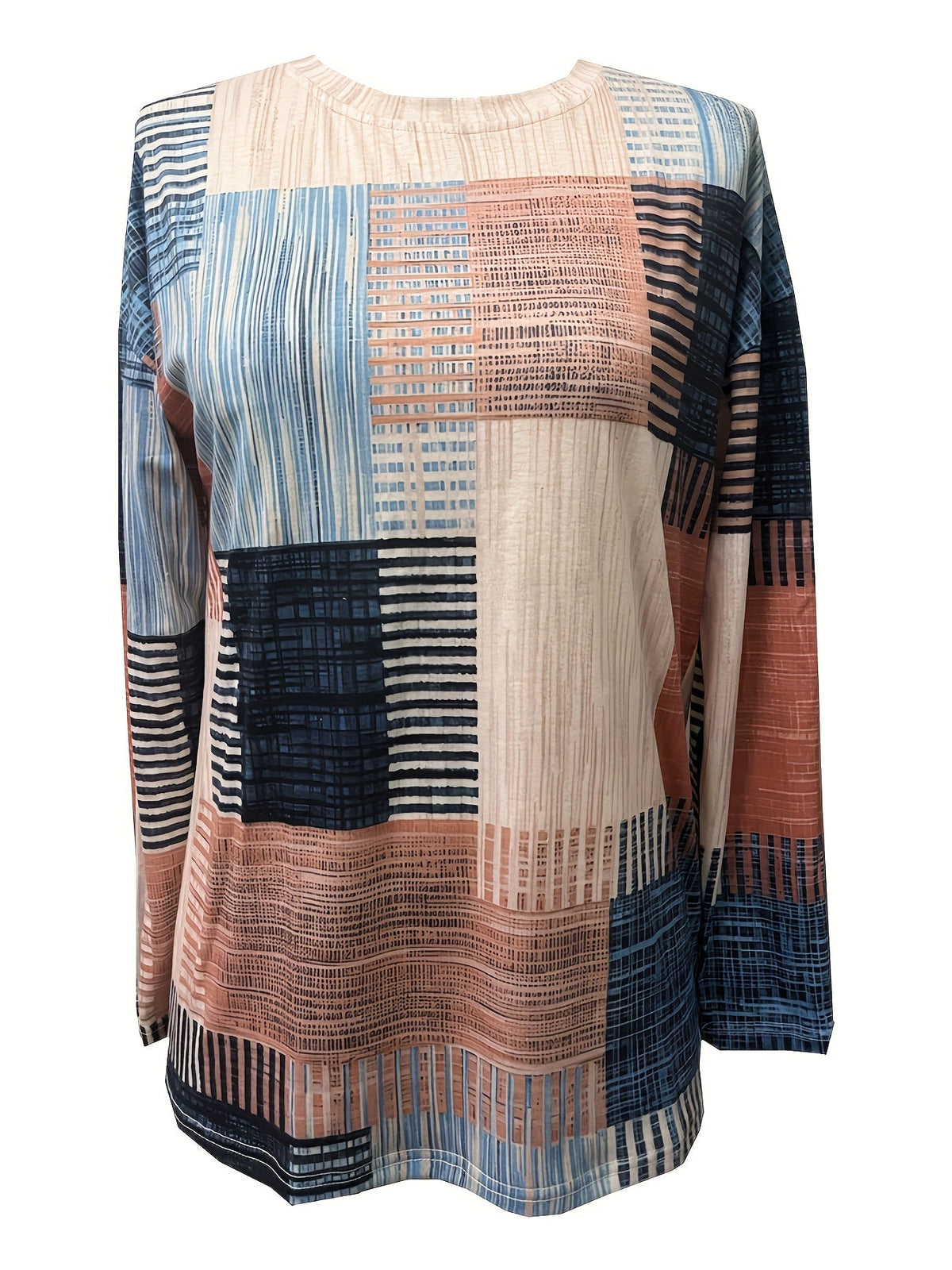Geometric Print Crew Neck T-Shirt, Casual Color Block Long Sleeve T-Shirt