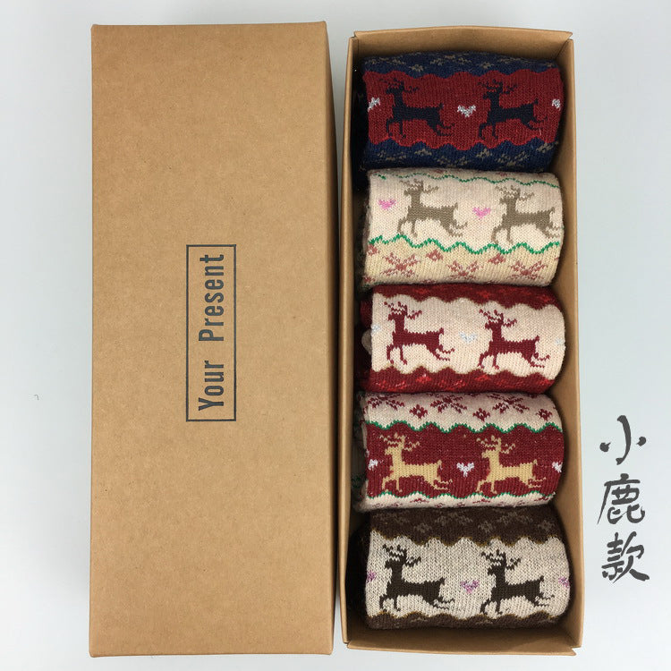 5 Pairs Christmas Elk Print Socks, Comfy & Warm Mid Tube Socks