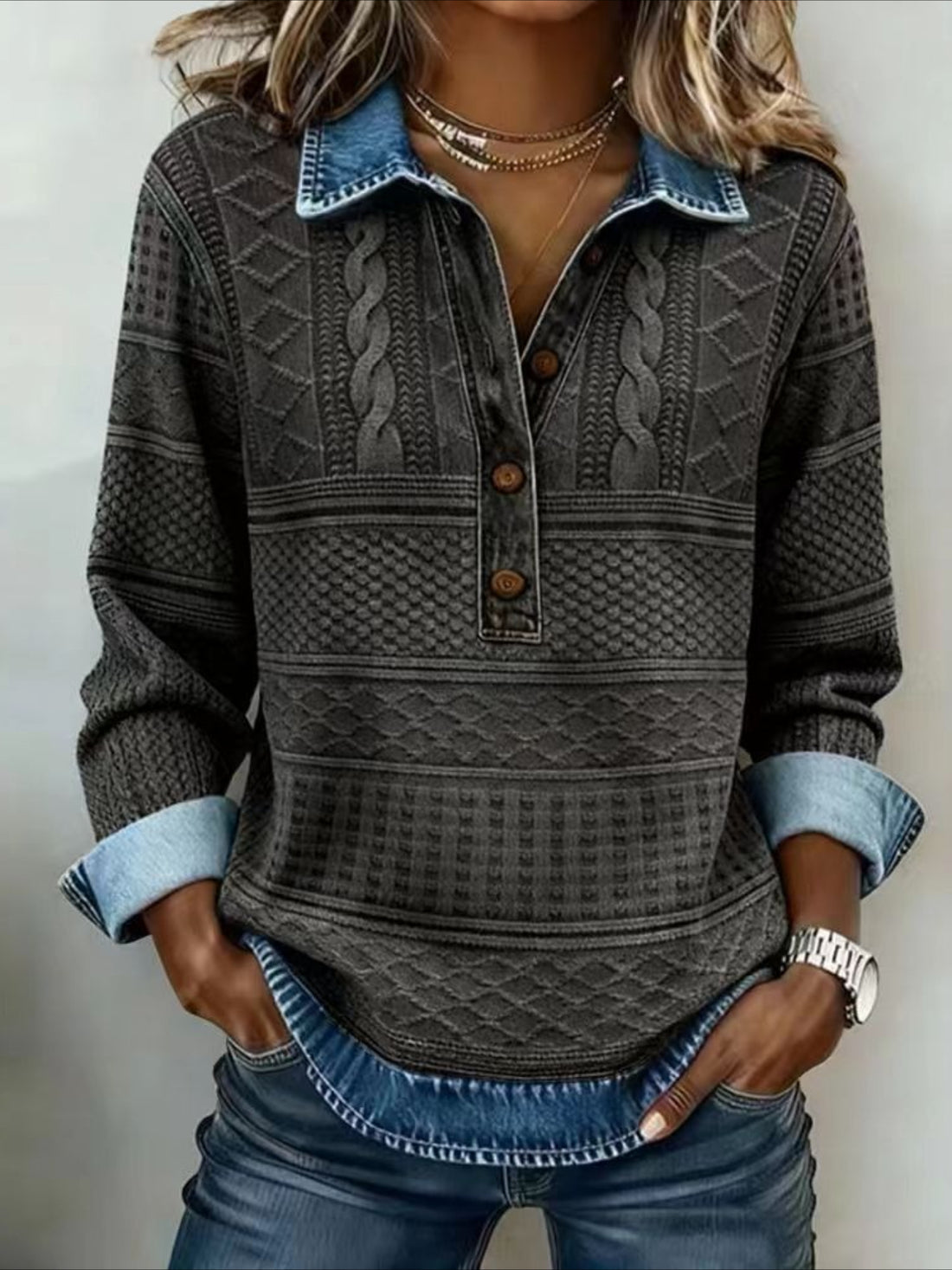 Denim Patchwork Print Casual Collared Long Sleeve Sweatshirt