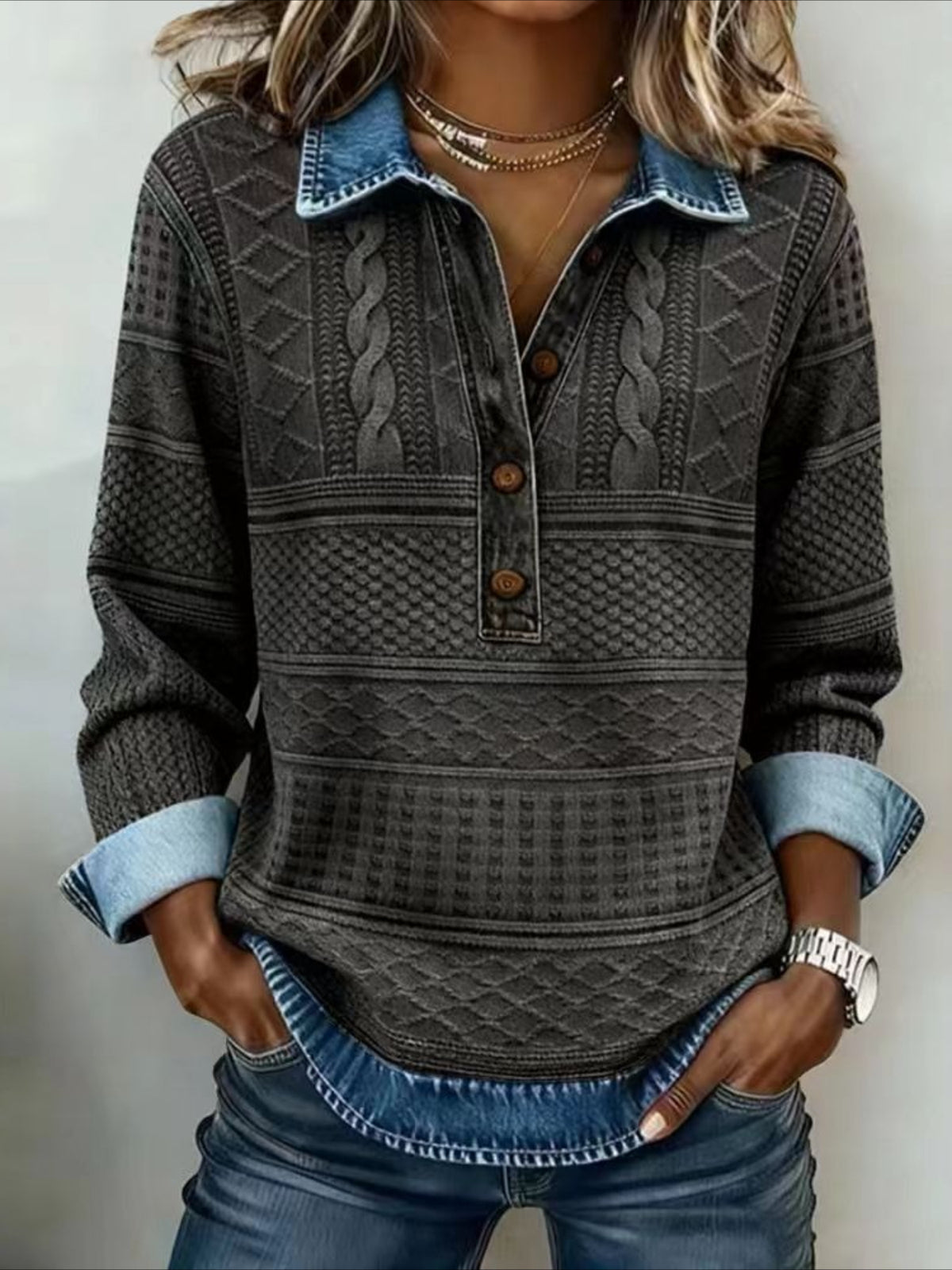 Denim Patchwork Print Casual Collared Long Sleeve Sweatshirt