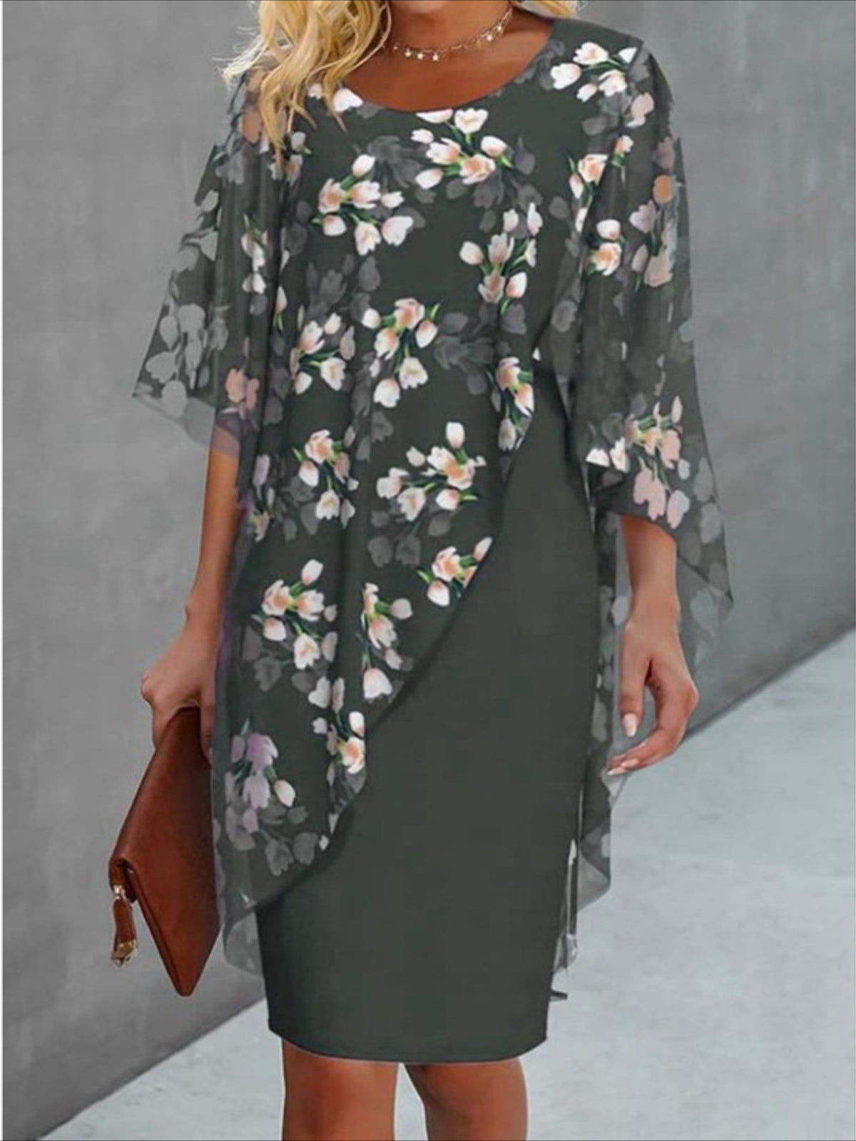 Floral Print Mesh Splicing Dress, Elegant Half Sleeve Slim Dress