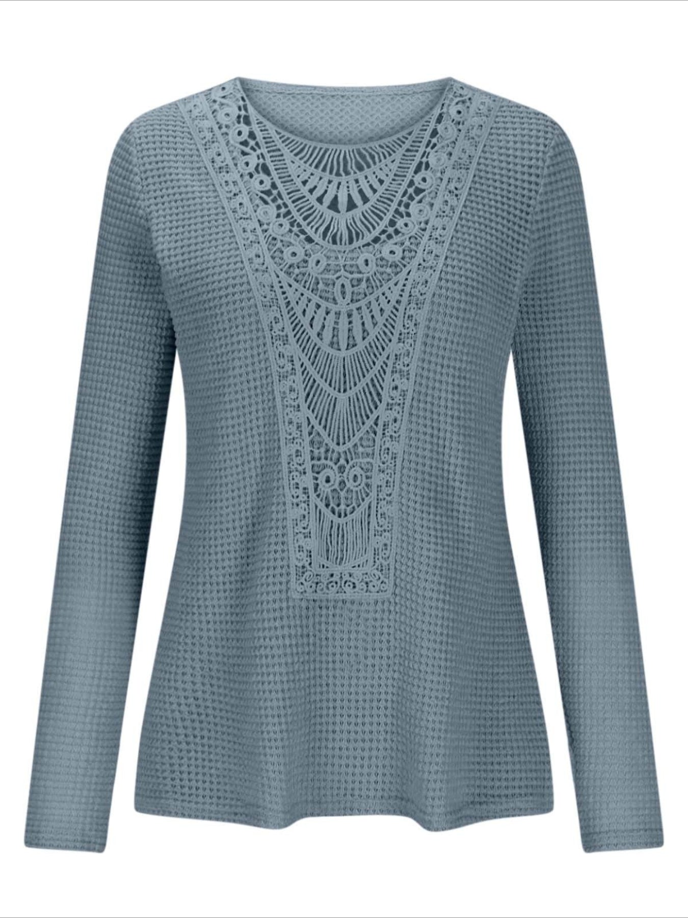 Pineapple Checked Lace Splicing Long Sleeve Solid Color T-shirt