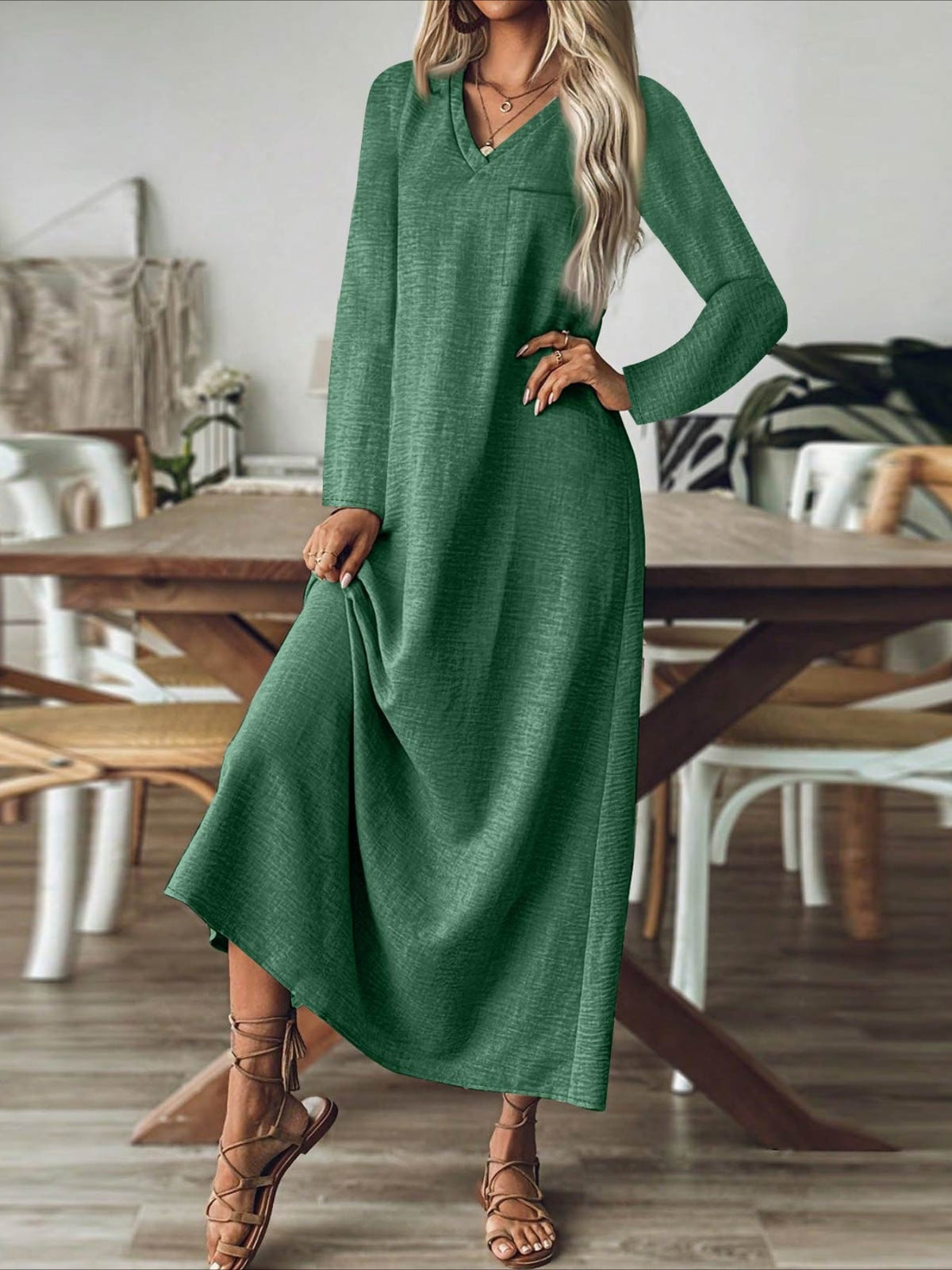 Back Zipper Solid Color Long Sleeve Cotton and Linen Dress
