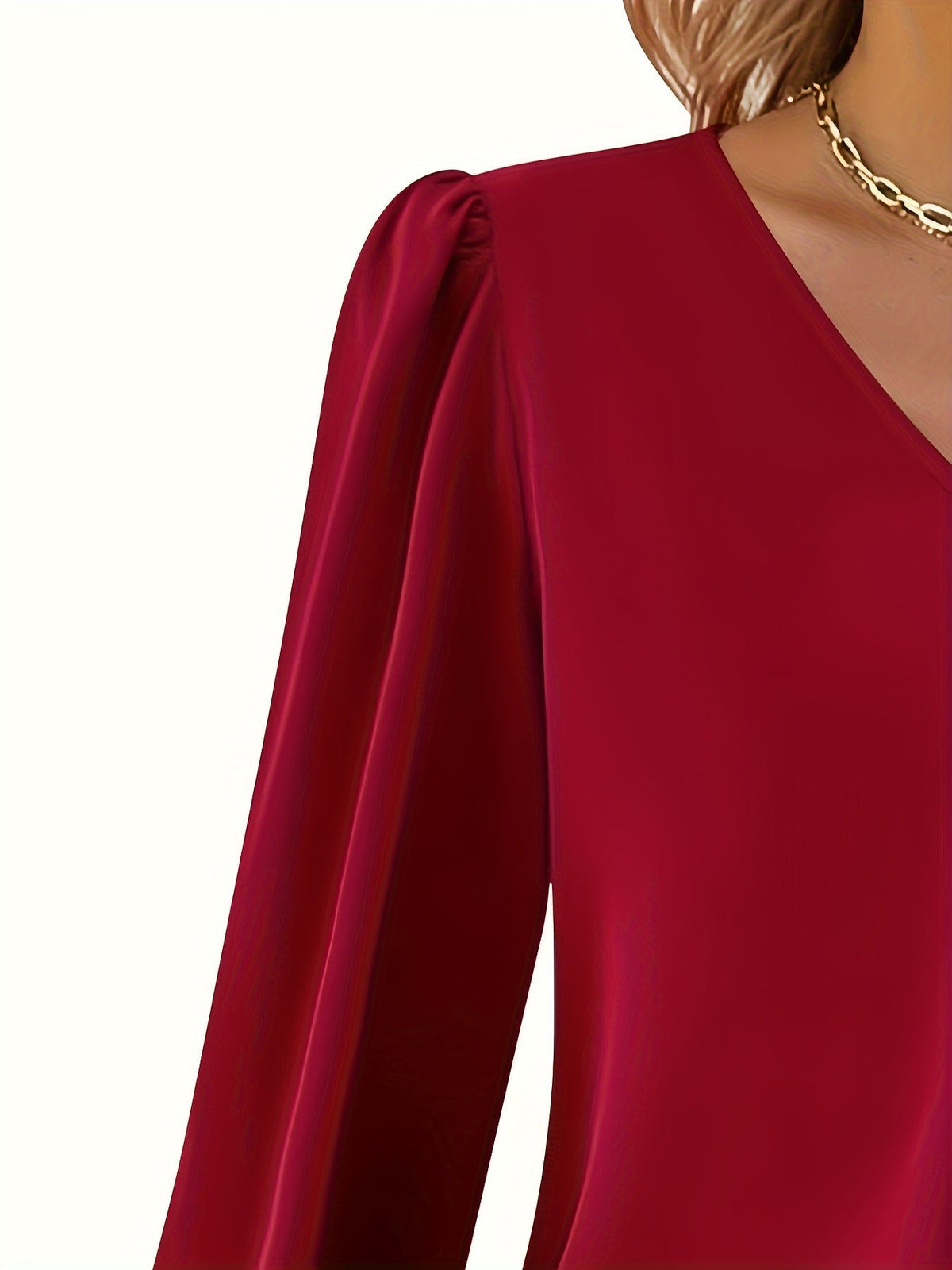 Solid V Neck Simple Blouse, Elegant Long Sleeve Ruched Blouse