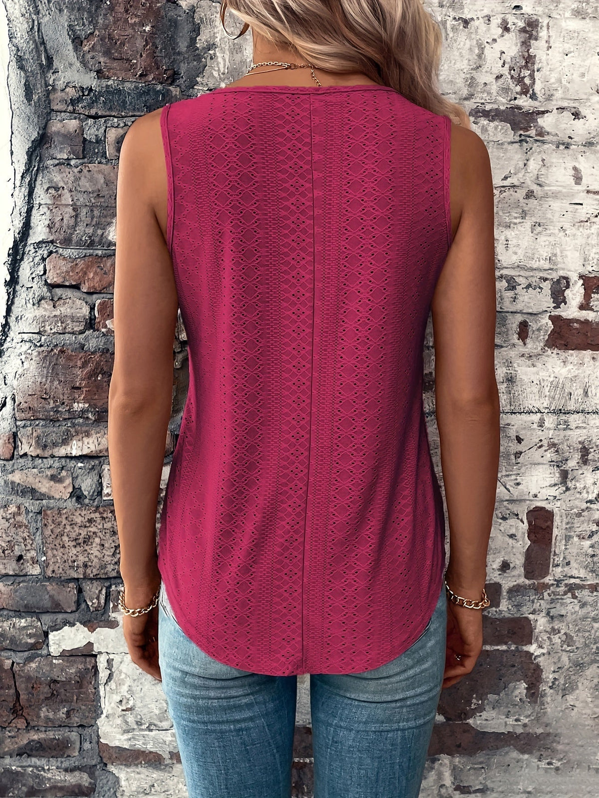 Eyelet Solid Tank Top, Casual V Neck Summer Sleeveless Top