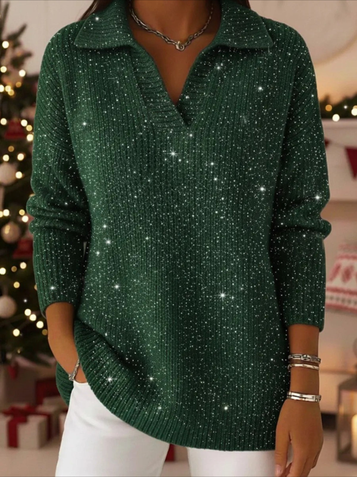 Party Polo Collar Shiny Loose Sweater Top