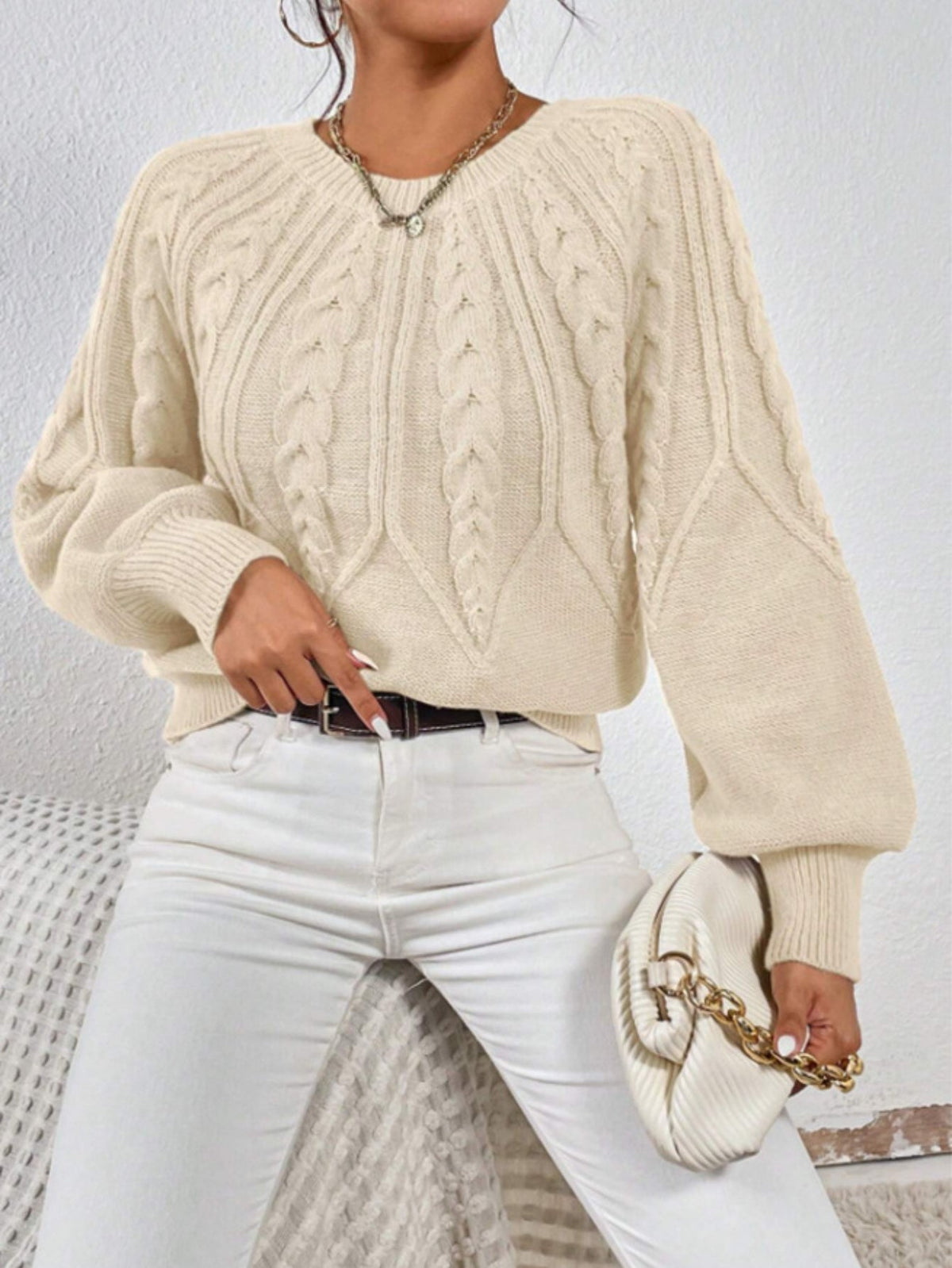 Casual Pullover Chic Knit Lantern Sleeves & Ruffle Detail Sweater