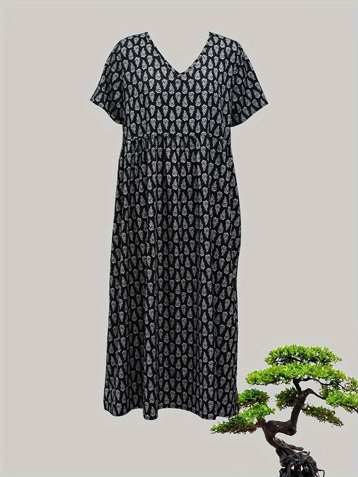 All Over Print Dress, Casual V Neck Short Sleeve Dress