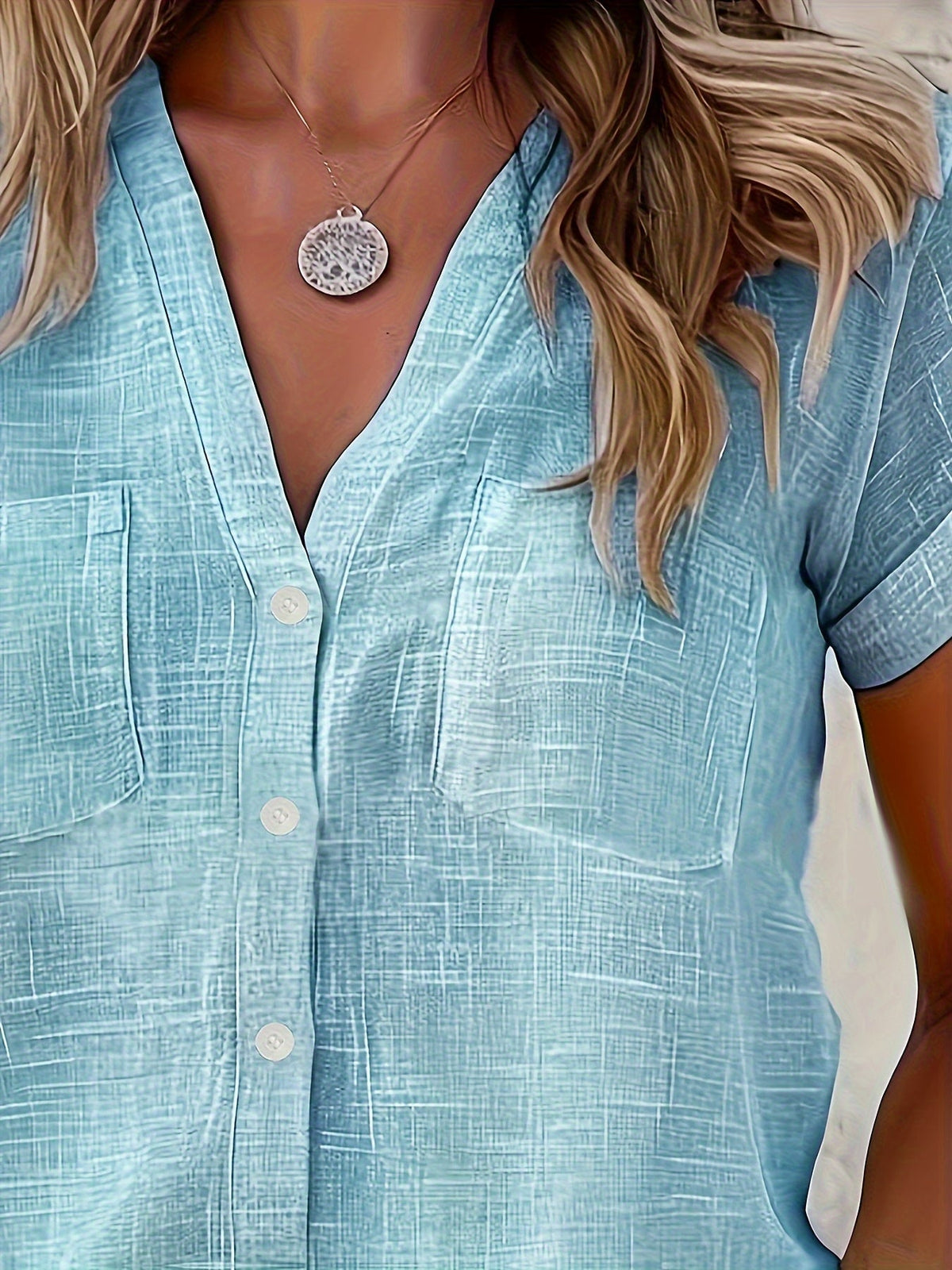Button Pocket Solid Color Fashion Short Sleeve Shirt Top