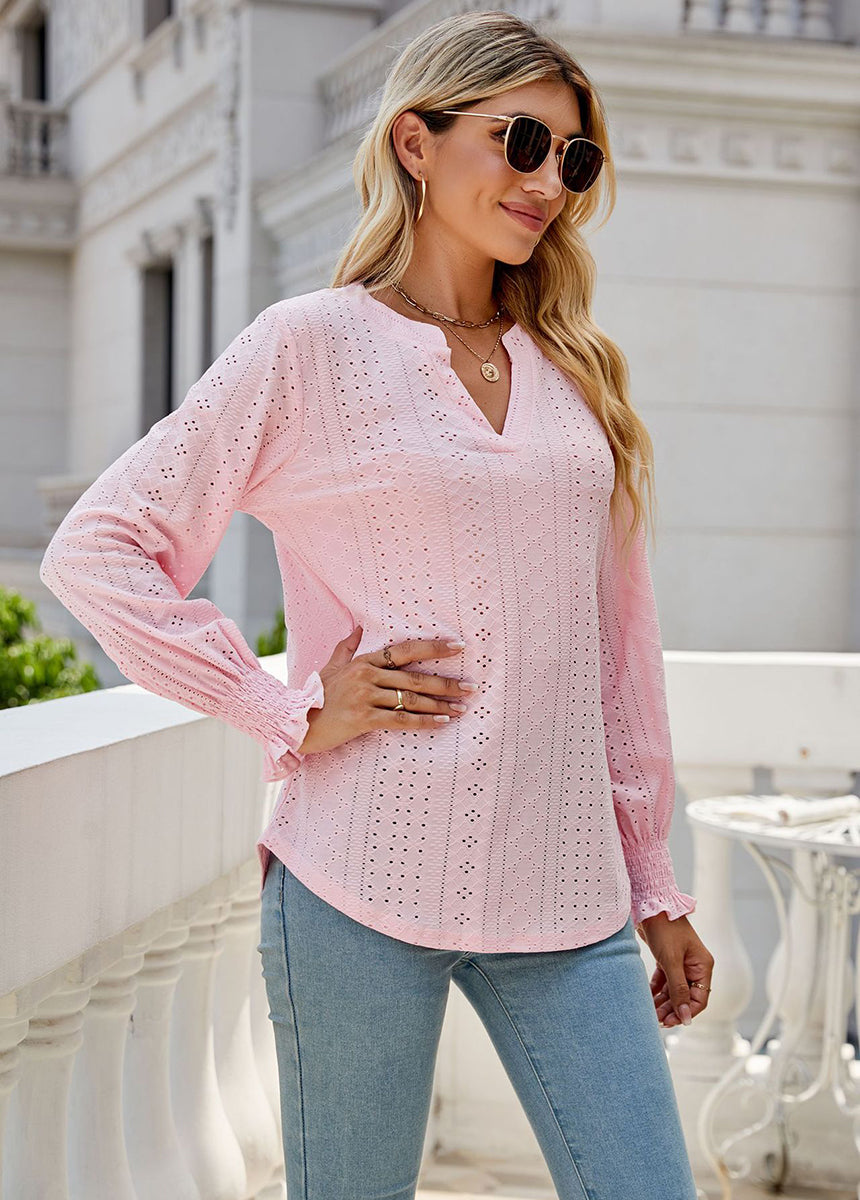 Solid Color Hollow Pleated Ruffle Sleeve V-Neck Loose Long Sleeve Top