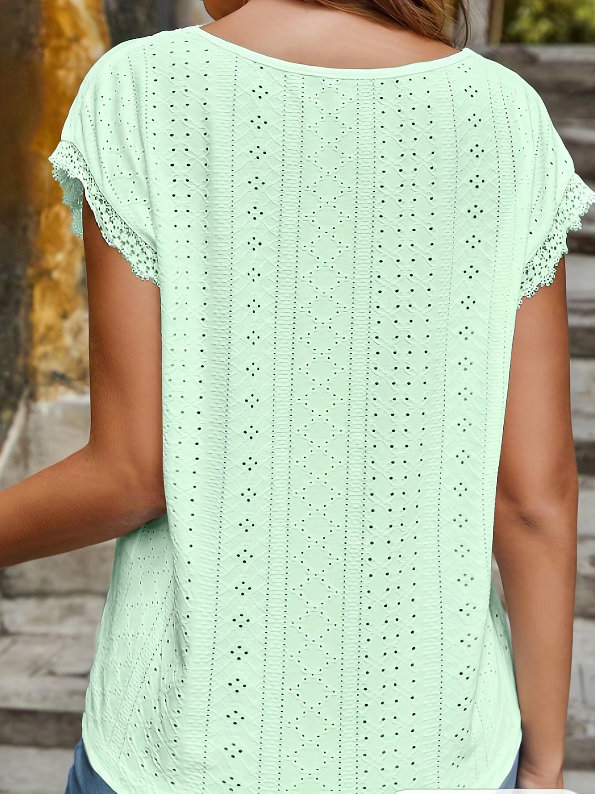 Elegant T-shirt, Women's Eyelet Embroidery Contrast Lace Trim V Neck Short Sleeve Slight Stretch T-shirt