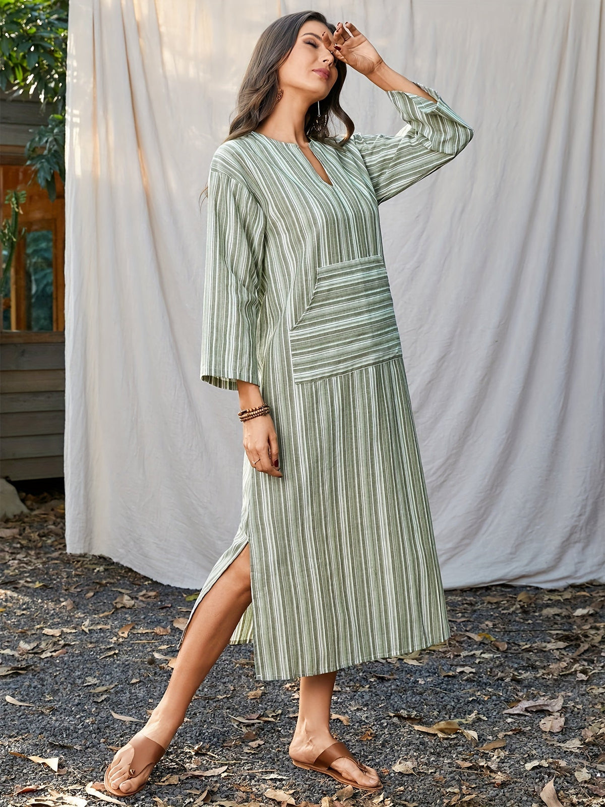 Striped Print Long Sleeve Dress - Relaxed Casual Style with Notch Neck