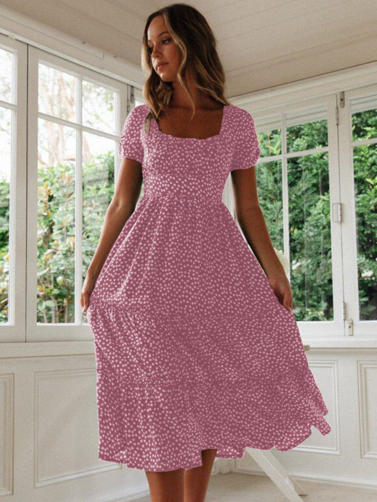 Polka Dot Ruffle Hem Dress, Casual Square Neck Short Sleeve Dress