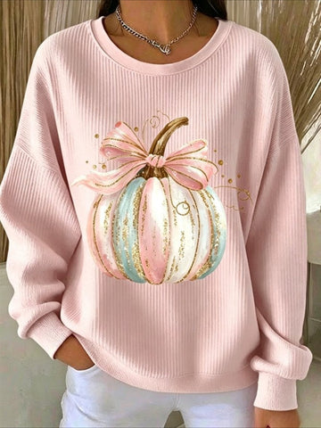 Pumpkins Halloween Printed Crew Neck Floral Long Sleeve Sweater Hoodie
