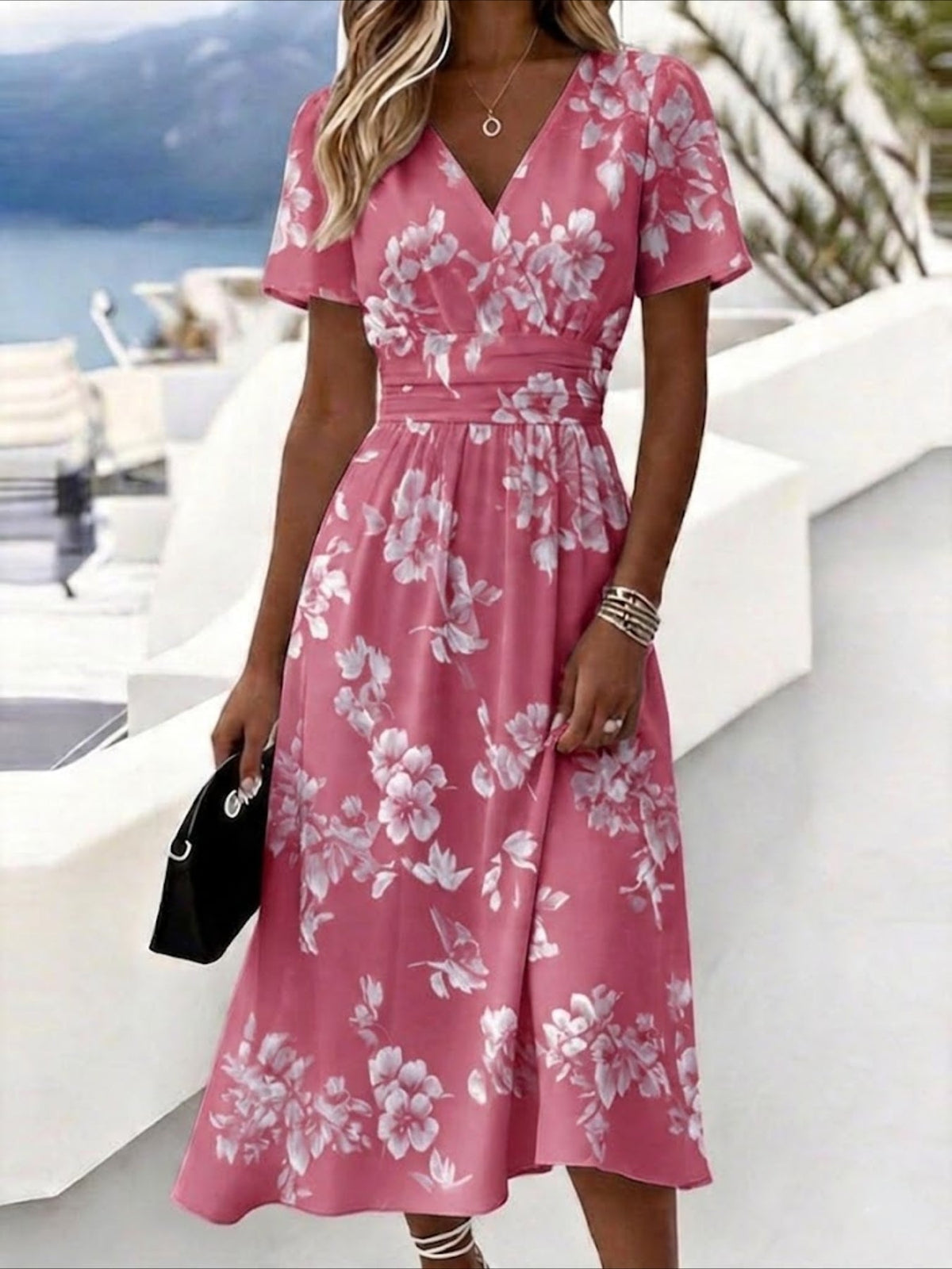 Floral Print V Neck Short Sleeve Beach A-Line Dress