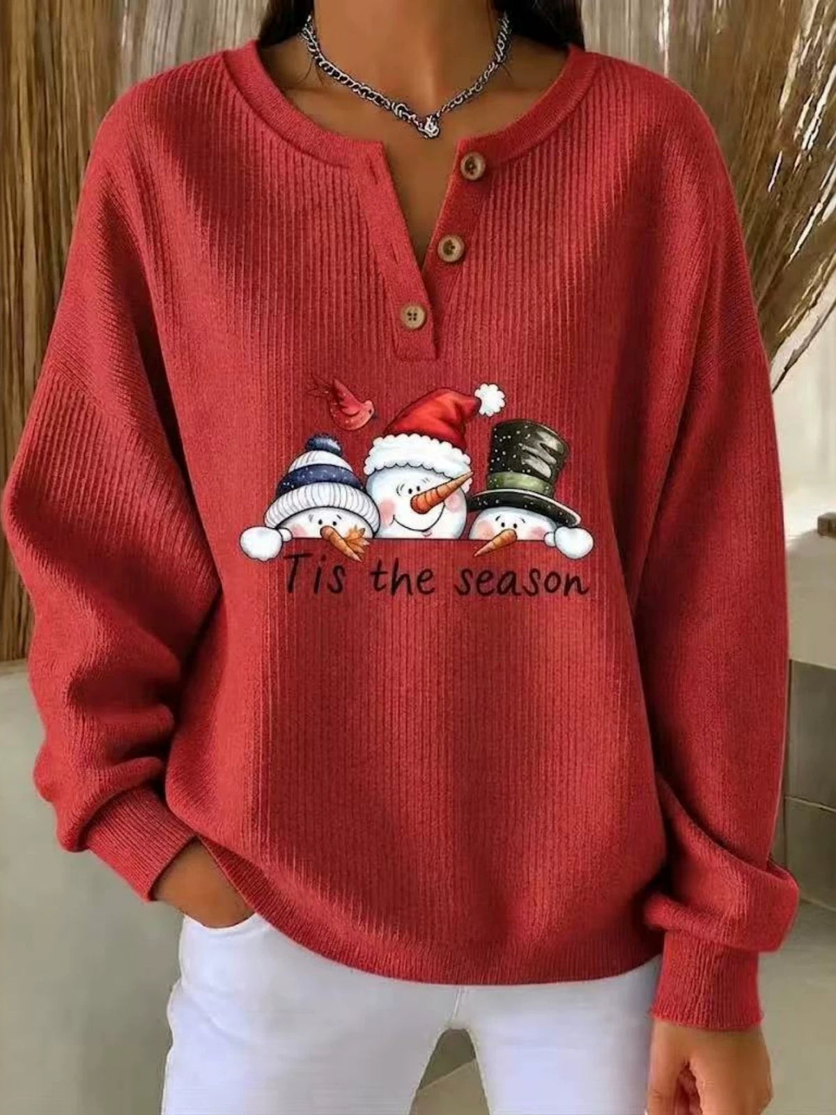 Christmas Themed Snowman Graphic Ribbed Henley Sweatshirt