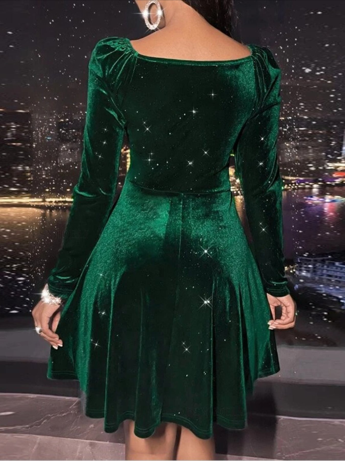 Plain Spring/Fall V Neck Long Sleeve A-Line Midi Dress