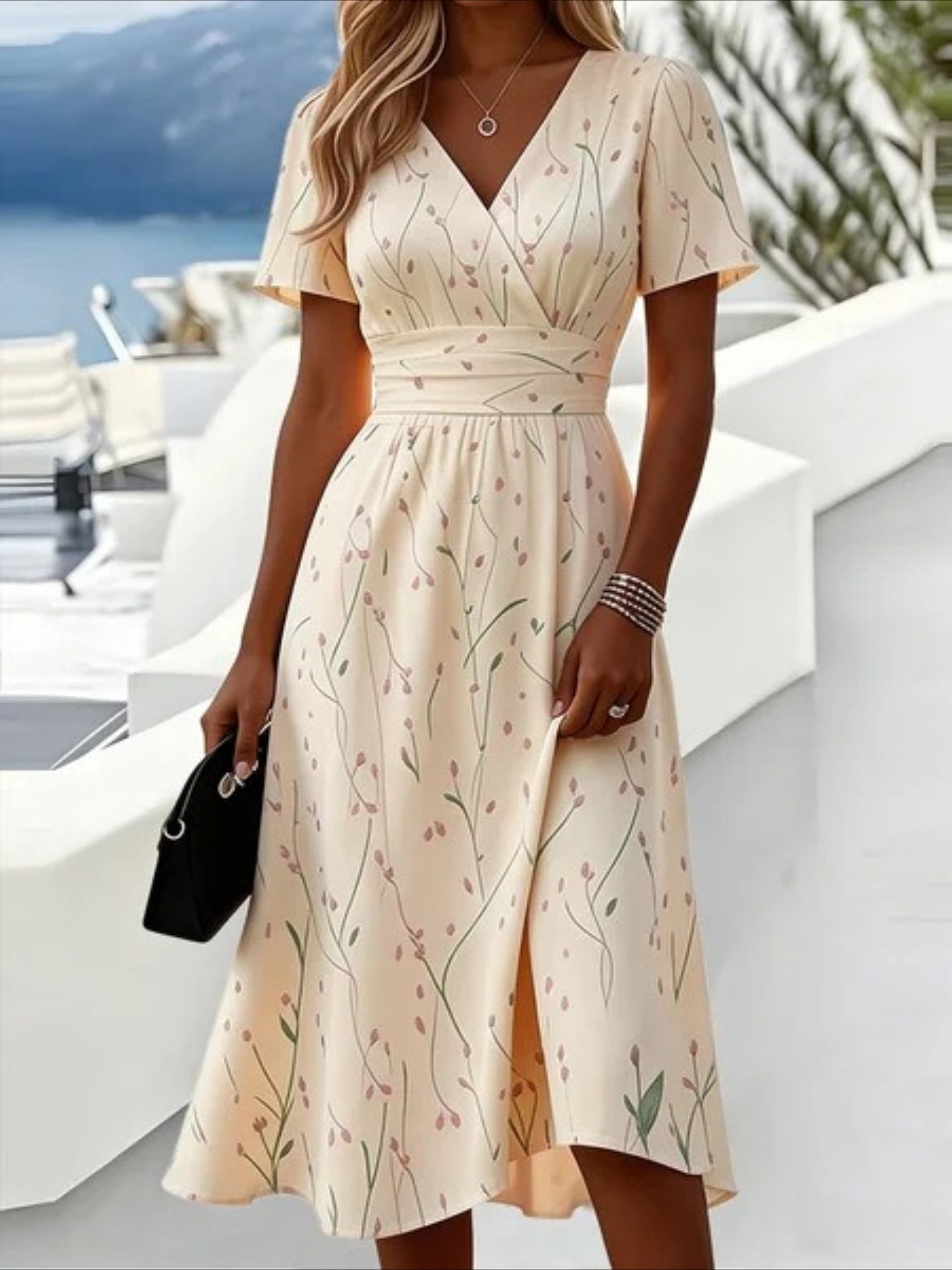 Leaf Summer V Neck Short Sleeve Beach A-Line Dress