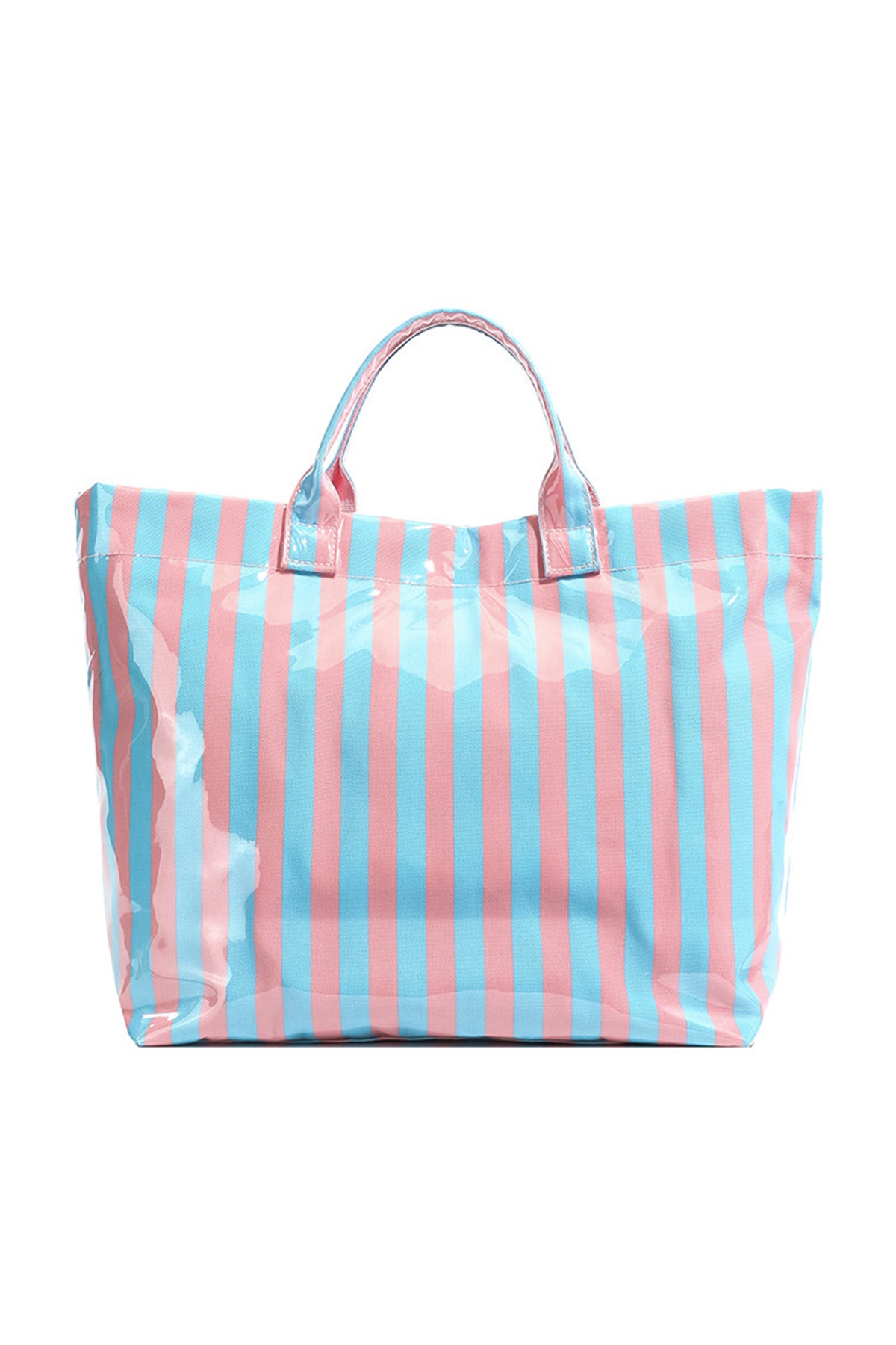 Light Blue Glossy Striped Vinyl Large Tote Bag (Color Varied)