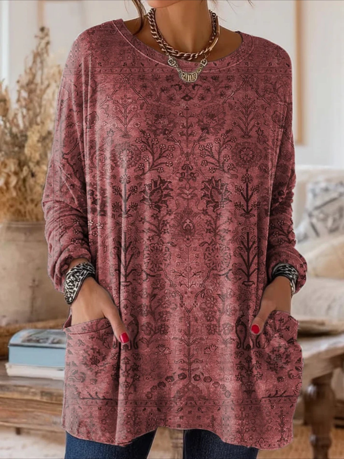 Floral Long Sleeve Crew Neck Printing Vintage Spring/Fall Top