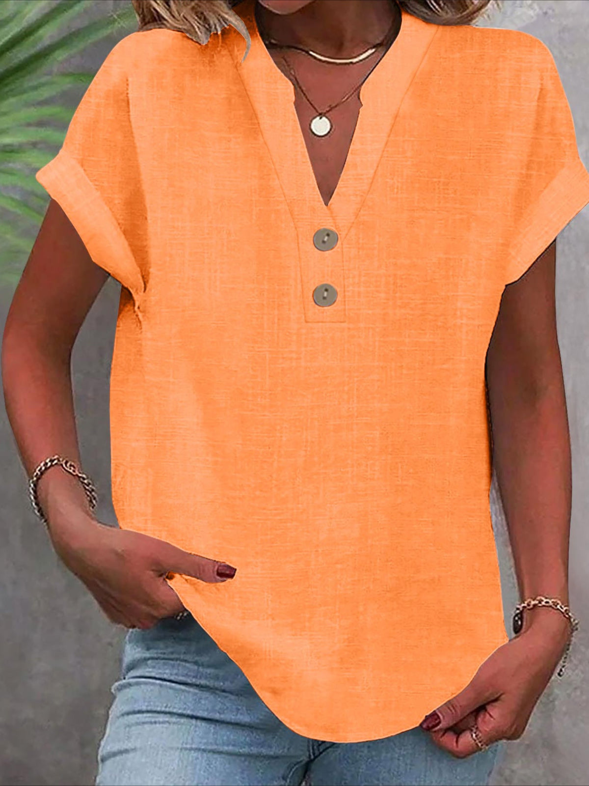 Solid Color V Neck Short Sleeve Button Down T Shirts