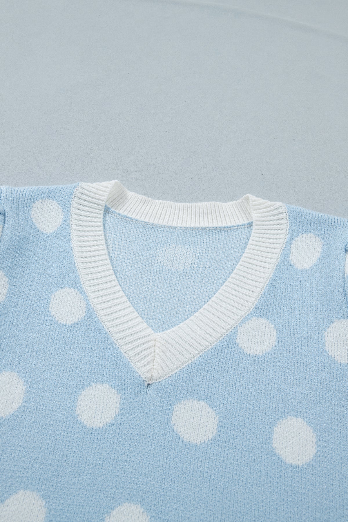 Light Blue Polka Dot Puff Short Sleeve Sweater Top