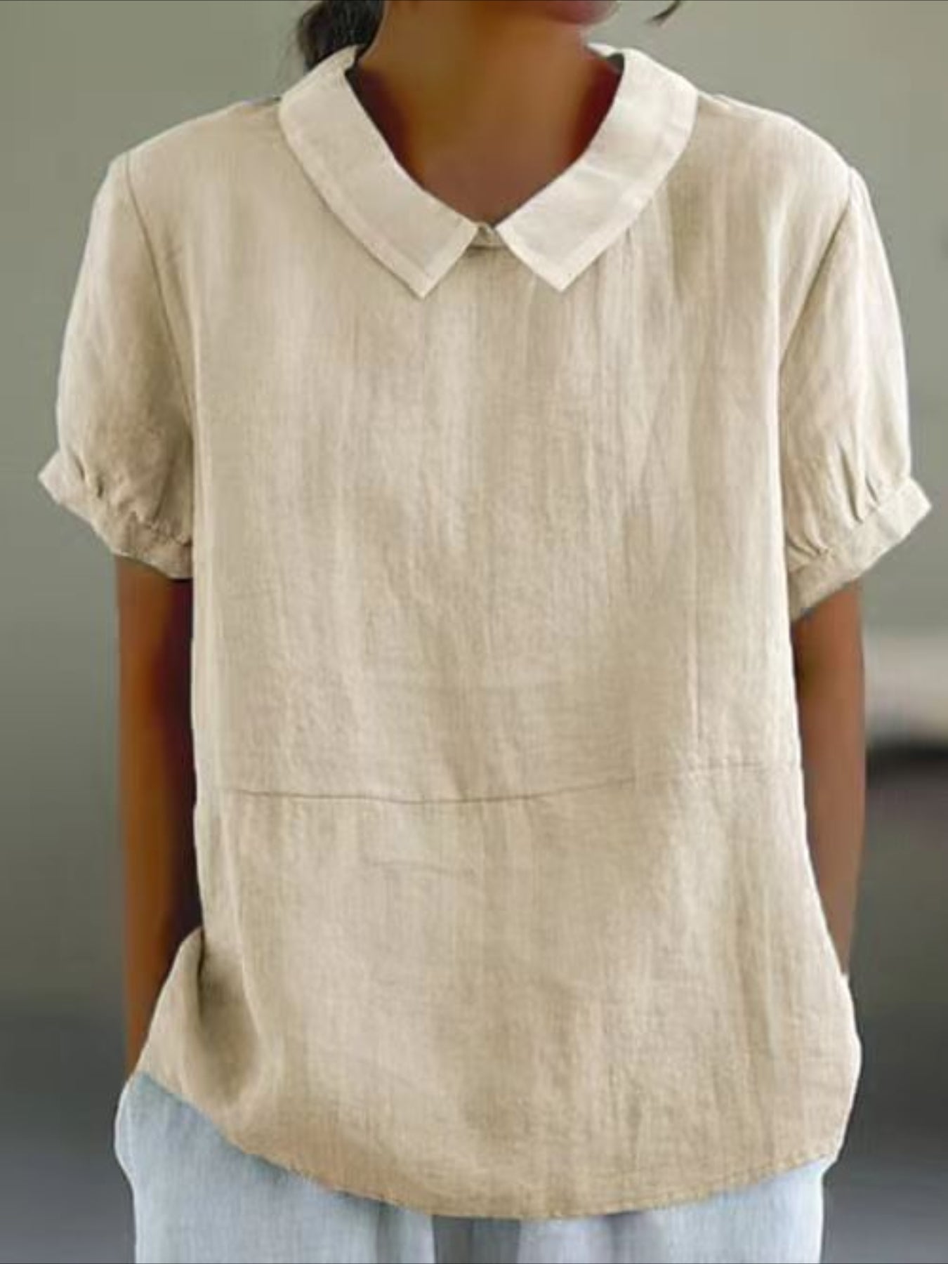 Solid Color Loose Lapel Short Sleeve Cotton Top