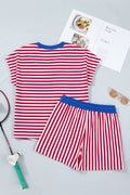 Red Stripe Colorblock Trim V Neck Tee Drawstring Elastic Waist Short Set