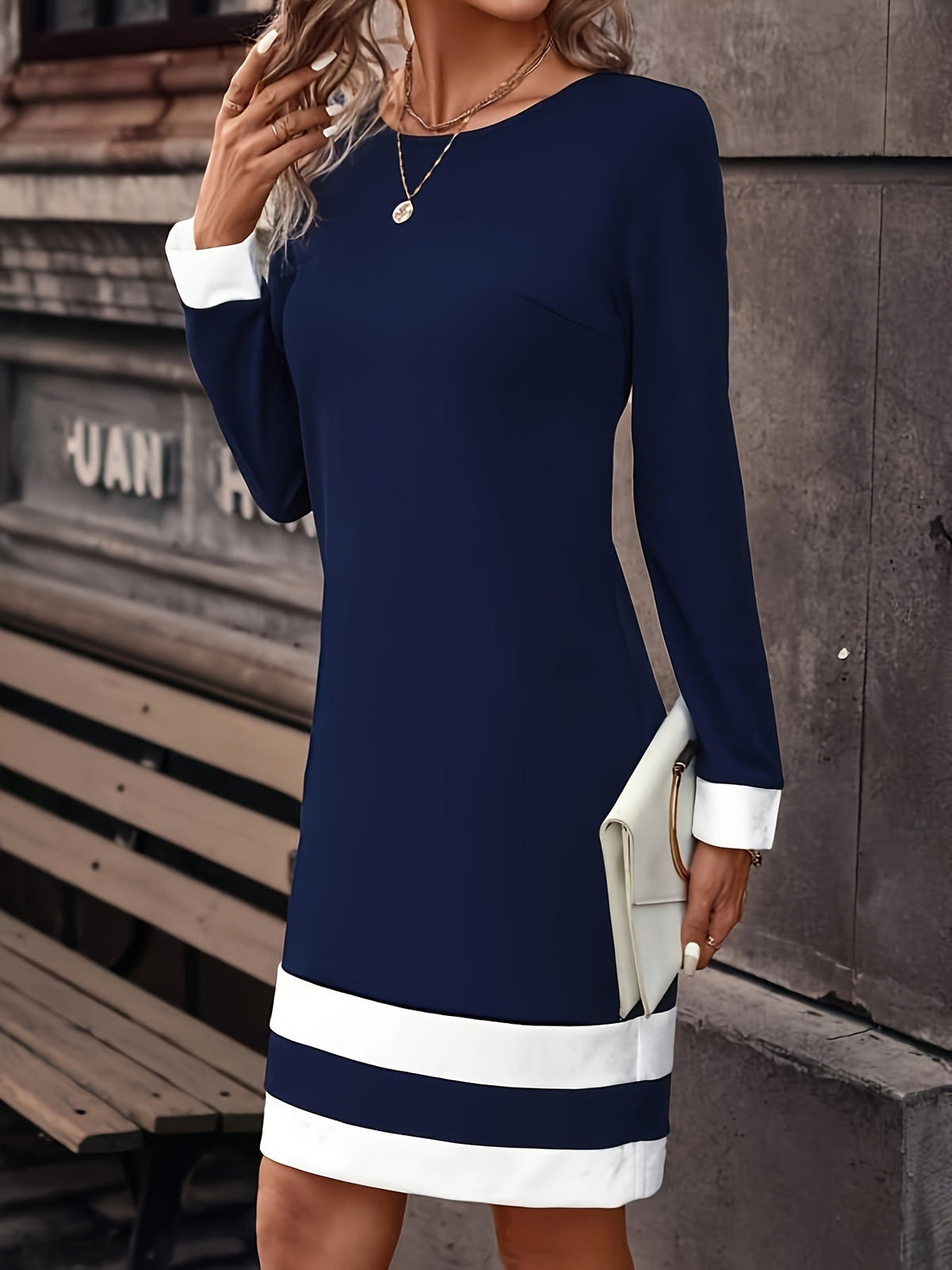 Color Block Crew Neck Midi Dress - Stylish & Versatile with Long Sleeves