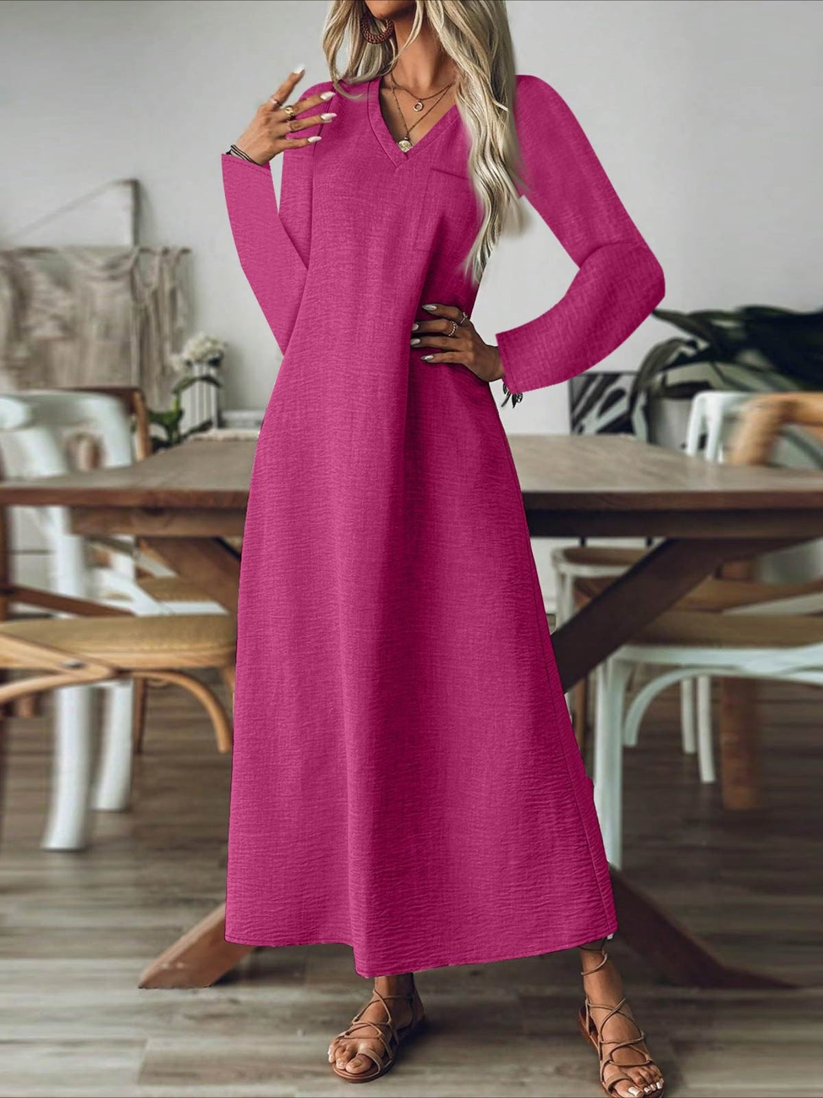 Back Zipper Solid Color Long Sleeve Cotton and Linen Dress