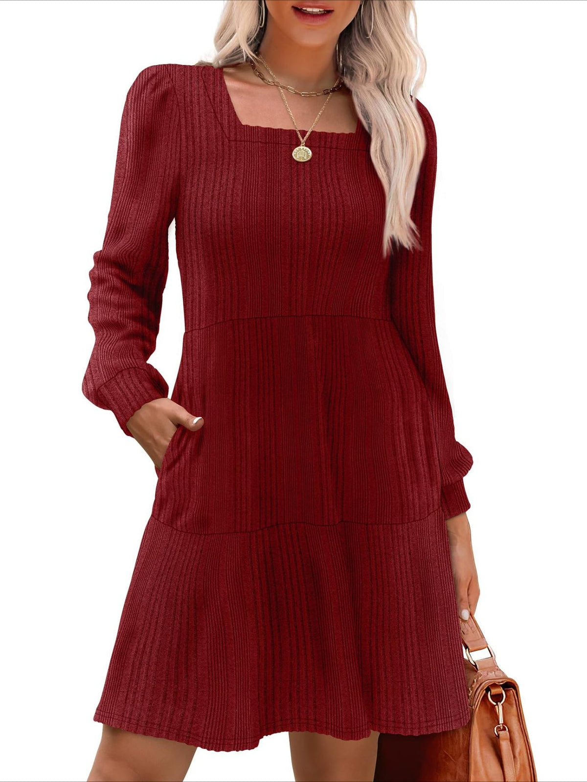 Square Neck Long Sleeve Dress with Pockets